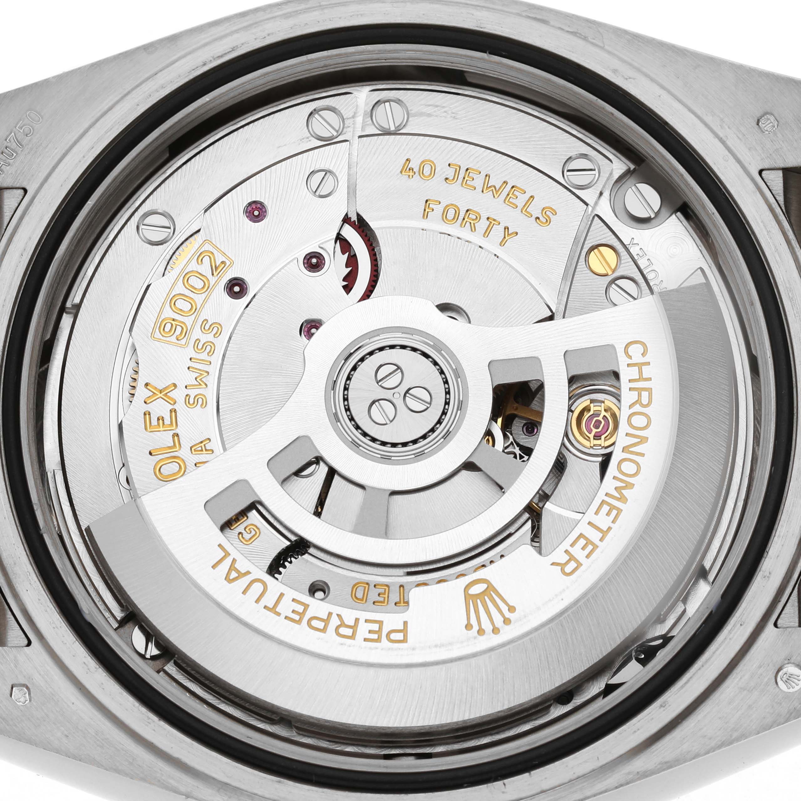 The image shows the movement of a Rolex Sky-Dweller 336239 Men's White Gold Black Dial watch from a top-down angle, highlighting the rotor and internal mechanics.