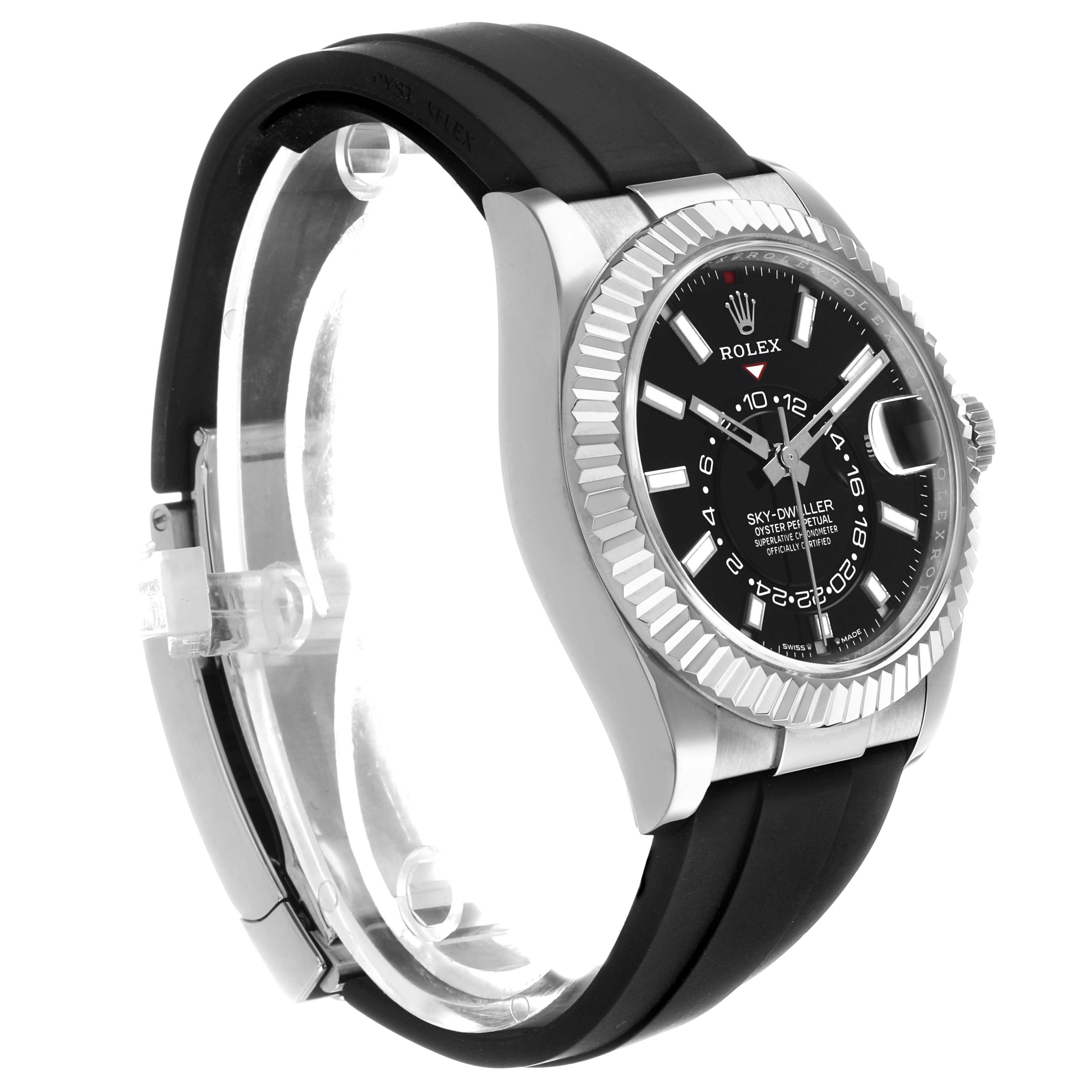 The Rolex Sky-Dweller 336239 Men's White Gold Black Dial is shown from a side angle highlighting the bezel, crown, and black strap.
