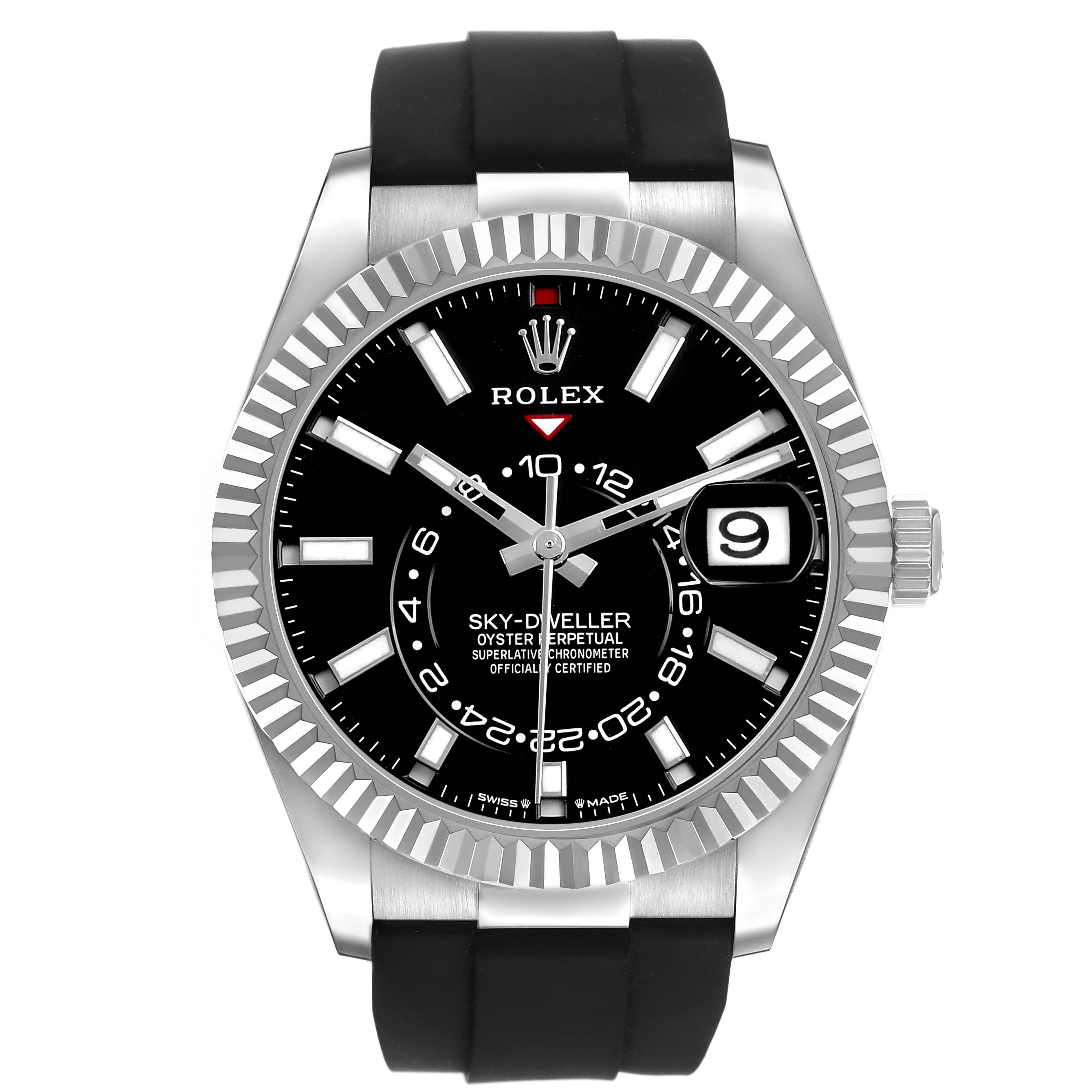 The Rolex Sky-Dweller 336239 Men's White Gold Black Dial watch is shown from the front, displaying its face, bezel, crown, and strap.