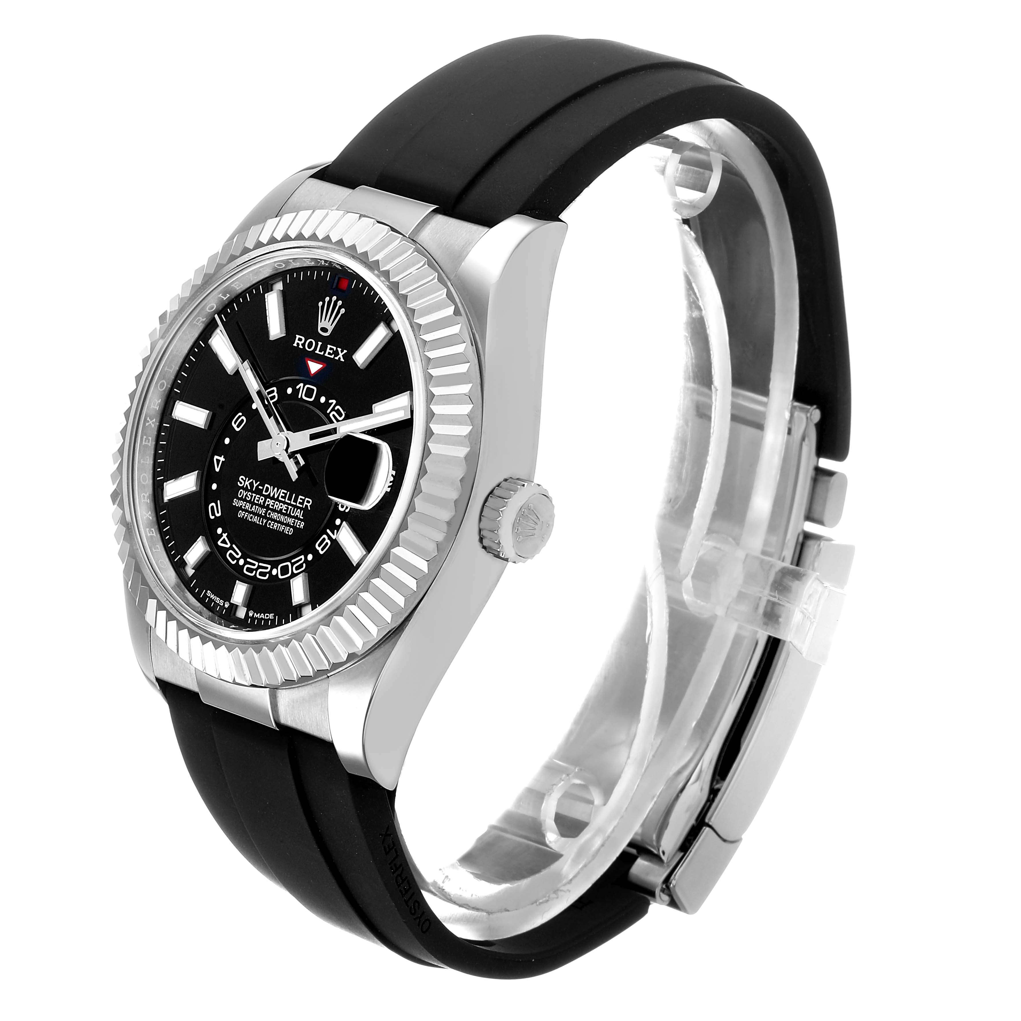 The Rolex Sky-Dweller 336239 Men's White Gold Black Dial watch is shown at a three-quarter angle, highlighting the bezel, dial, crown, and black strap.