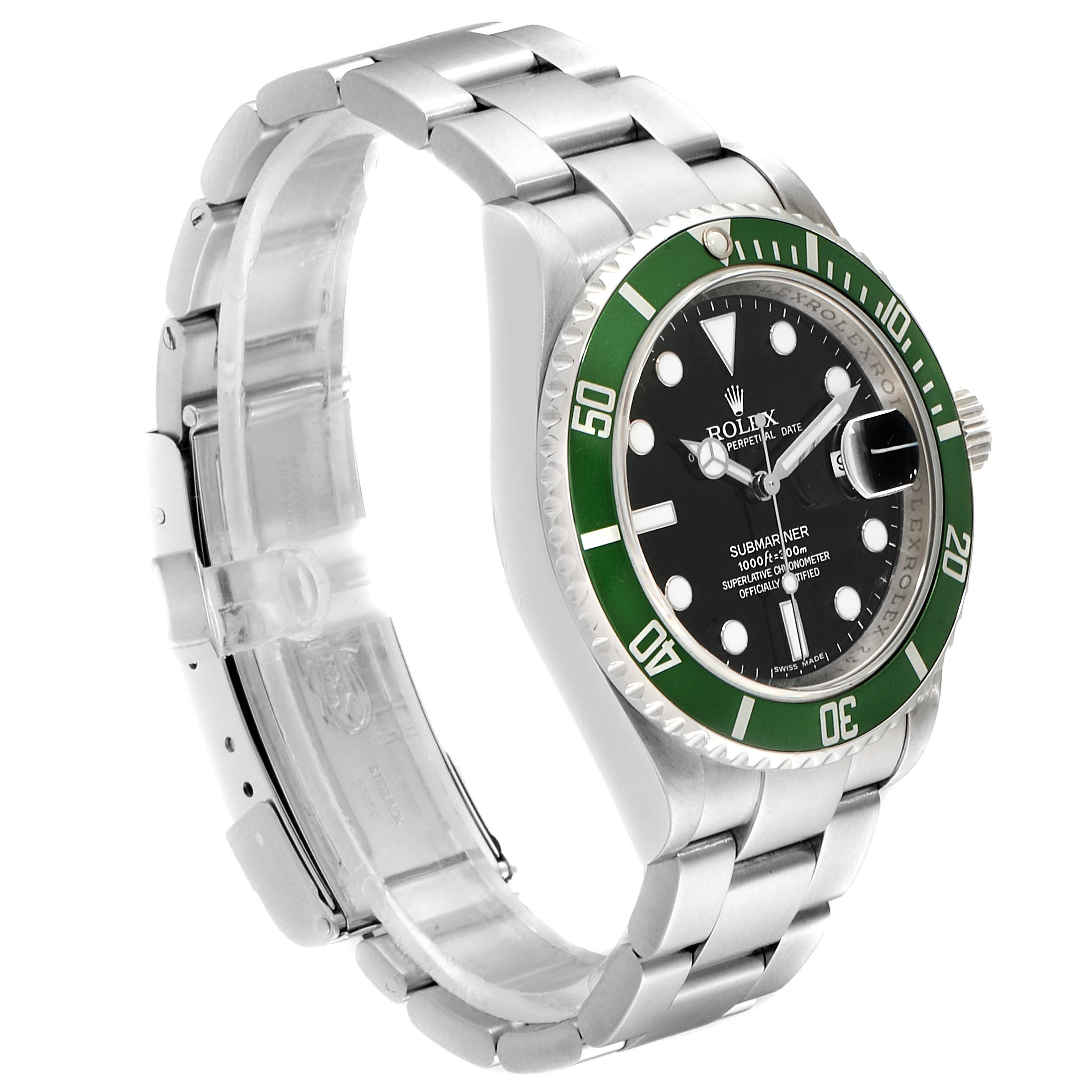 The image shows the Rolex Submariner 16610LV Men's Stainless Steel Black Dial 16610LV Men's Stainless Steel Black Dial watch at an angle showcasing its bracelet, black dial, and green bezel.