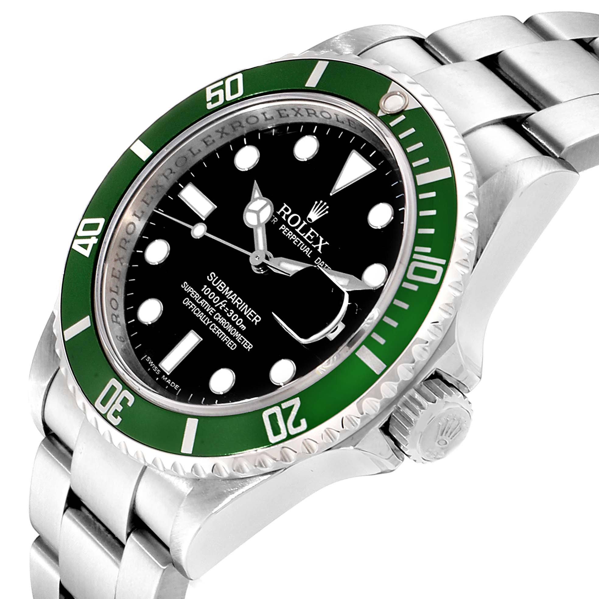 This image shows a close-up view of the Rolex Submariner 16610LV Men's Stainless Steel Black Dial 16610LV Men's Stainless Steel Black Dial watch's face, bezel, and part of the bracelet at a tilted angle.