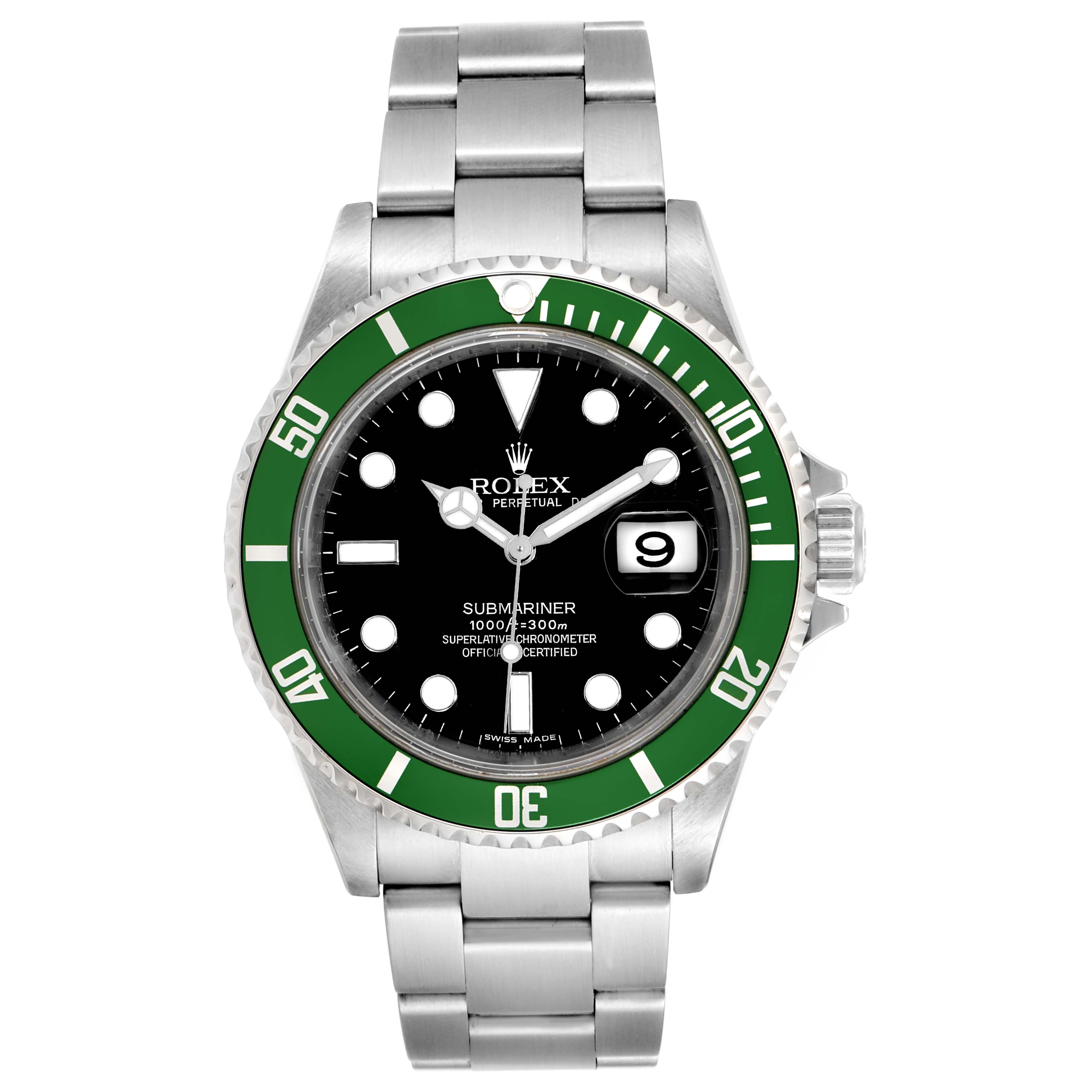 The Rolex Submariner 16610LV Men's Stainless Steel Black Dial 16610LV Men's Stainless Steel Black Dial watch is shown from the front, displaying its green bezel, black dial, and stainless steel bracelet.