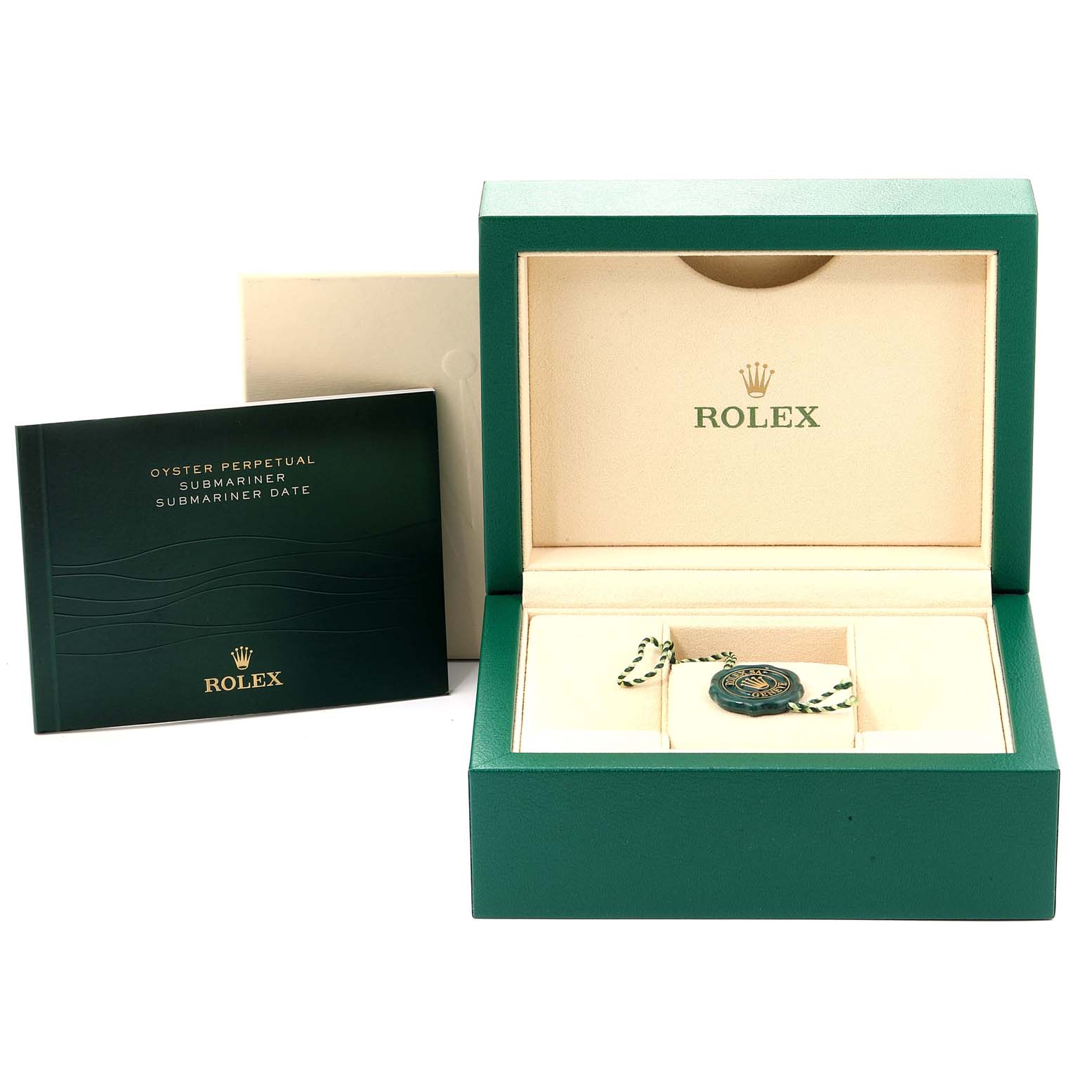 The image shows the packaging, manual, and tag for a Rolex Submariner 16610LV Men's Stainless Steel Black Dial 16610LV Men's Stainless Steel Black Dial watch along with its presentation box.