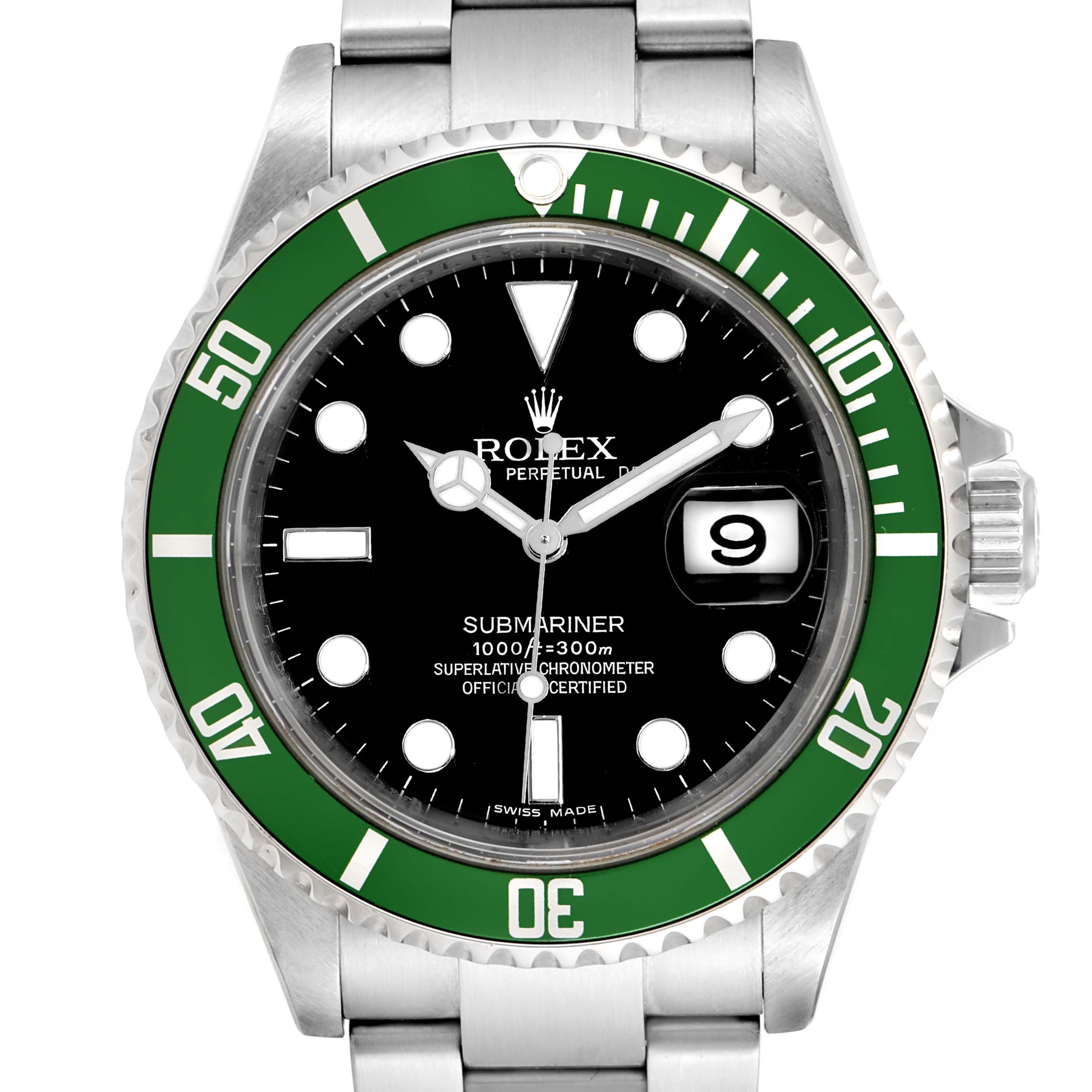 This image shows a front view of a Rolex Submariner 16610LV Men's Stainless Steel Black Dial 16610LV Men's Stainless Steel Black Dial, highlighting the dial, bezel, and a portion of the bracelet.