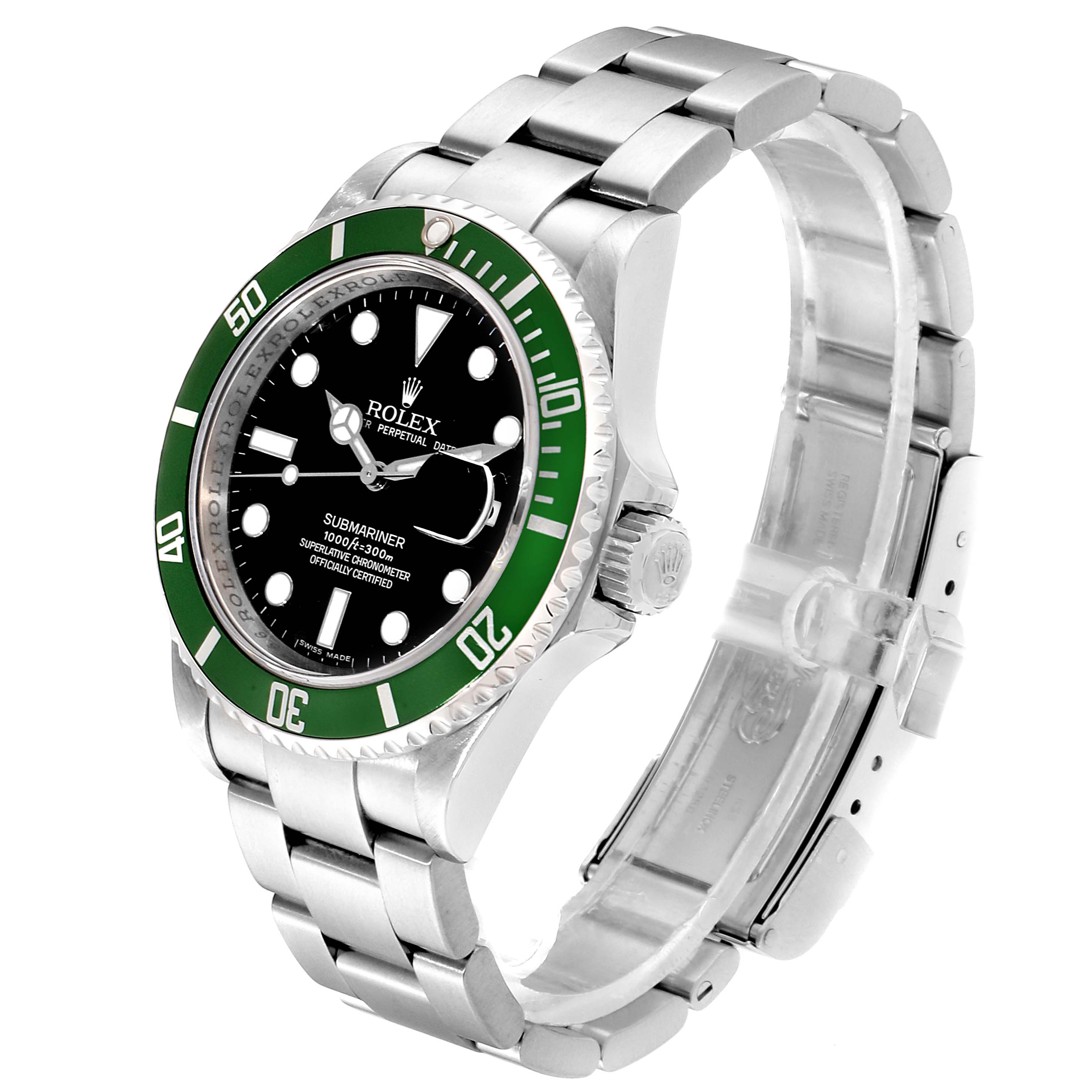 The image shows a side angle of the Rolex Submariner 16610LV Men's Stainless Steel Black Dial 16610LV Men's Stainless Steel Black Dial watch, displaying the bezel, dial, crown, and bracelet.