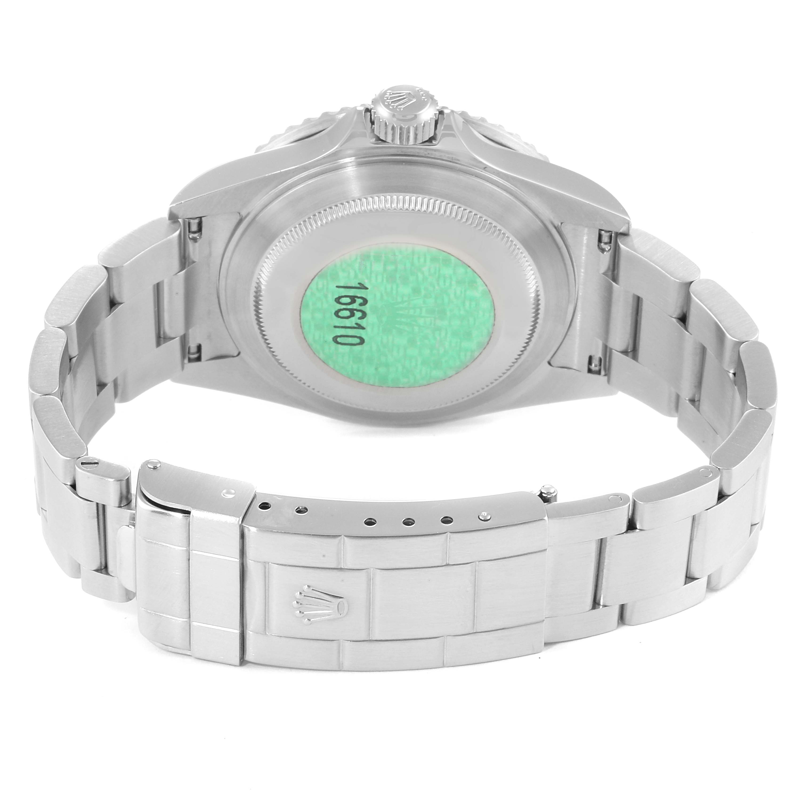 This image shows the back and clasp of the Rolex Submariner 16610LV Men's Stainless Steel Black Dial 16610LV Men's Stainless Steel Black Dial watch model, including the case back and bracelet.