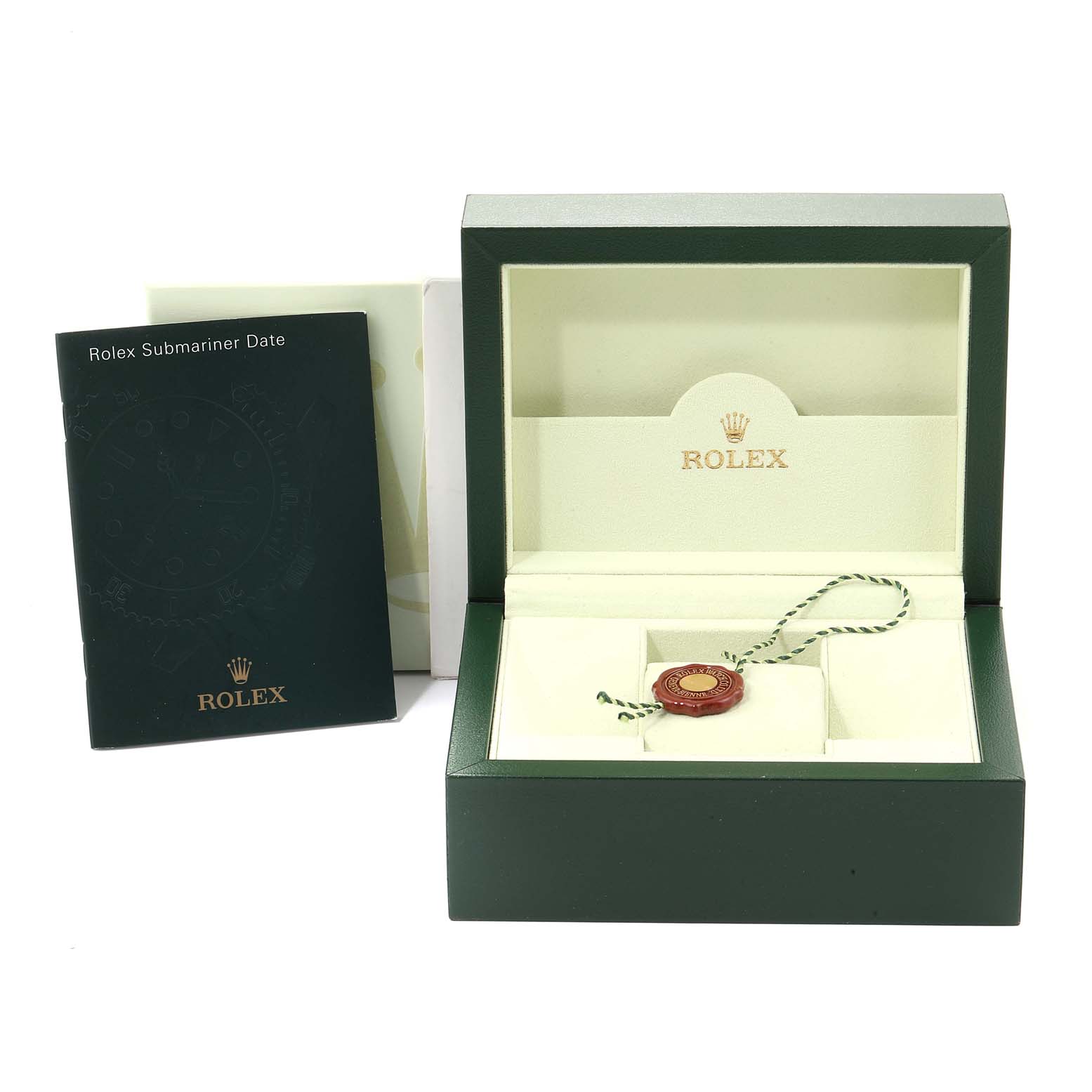 The image shows the box, booklet, and tag of a Rolex Submariner 16610LV Men's Stainless Steel Black Dial 16610LV Men's Stainless Steel Black Dial watch, with the box open and empty.