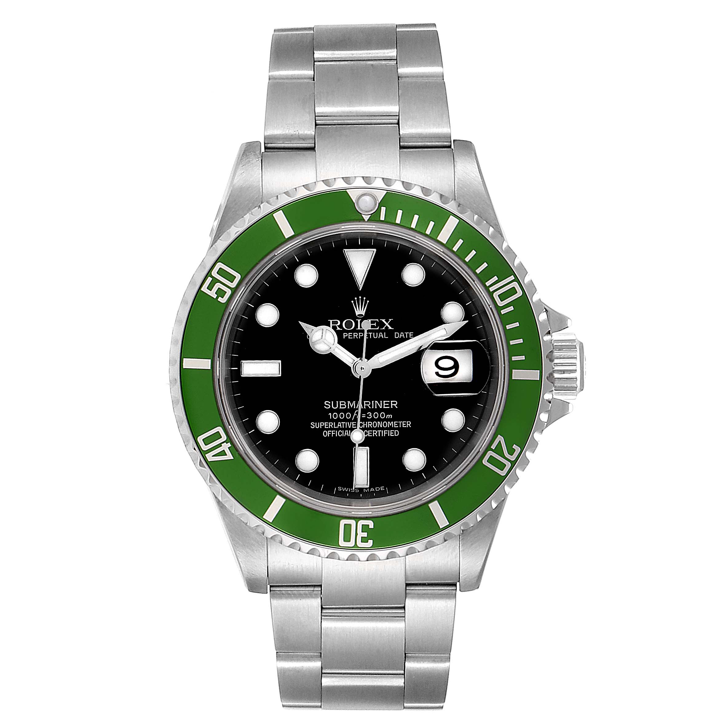 The image shows a front view of a Rolex Submariner 16610LV Men's Stainless Steel Black Dial 16610LV Men's Stainless Steel Black Dial watch featuring a green bezel, black dial, and stainless steel bracelet.