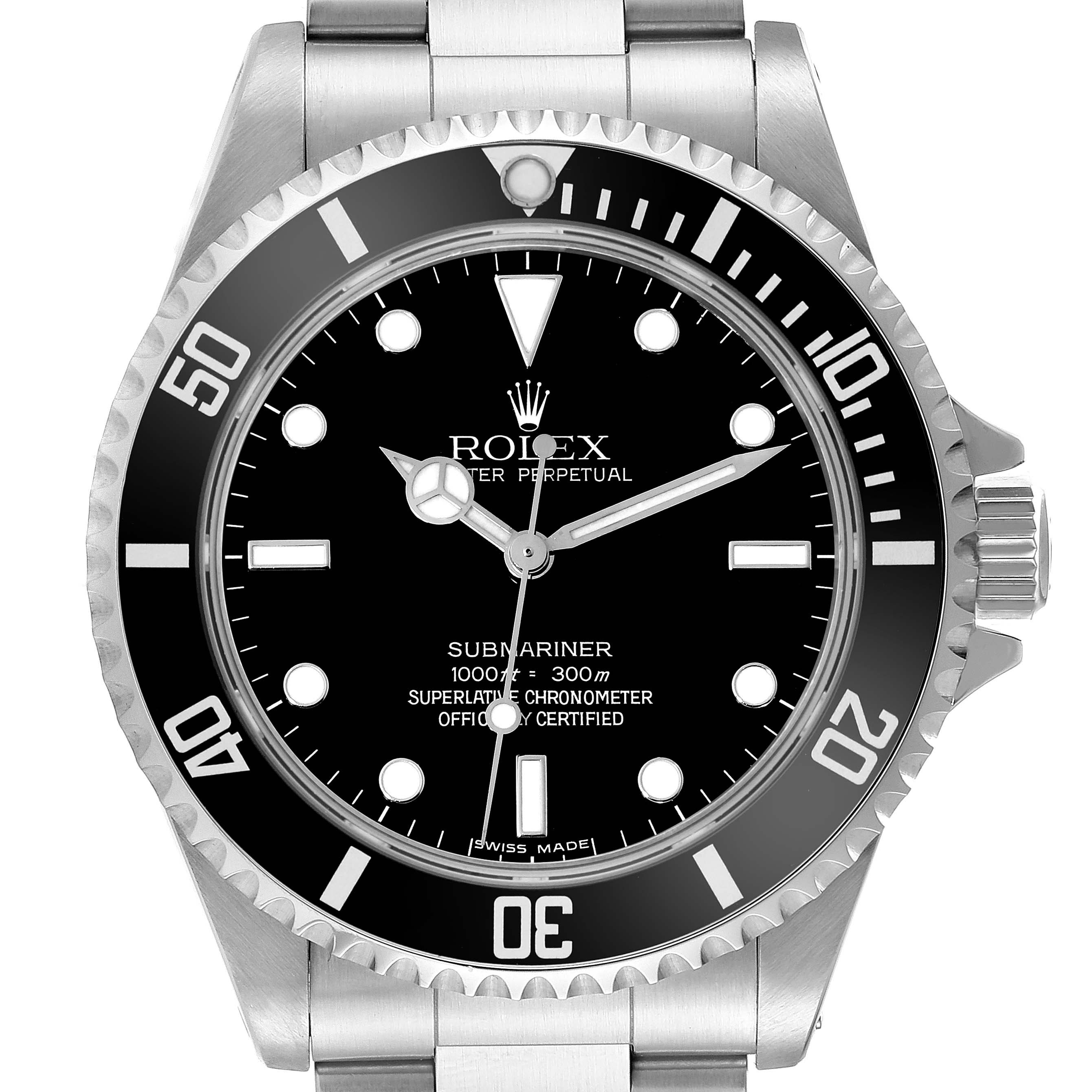 This is a top-down view of the Rolex Submariner 14060M Men
s Stainless Steel Black Dial 14060M Men
s Stainless Steel Black Dial watch, showing its black dial, bezel, and stainless steel bracelet.