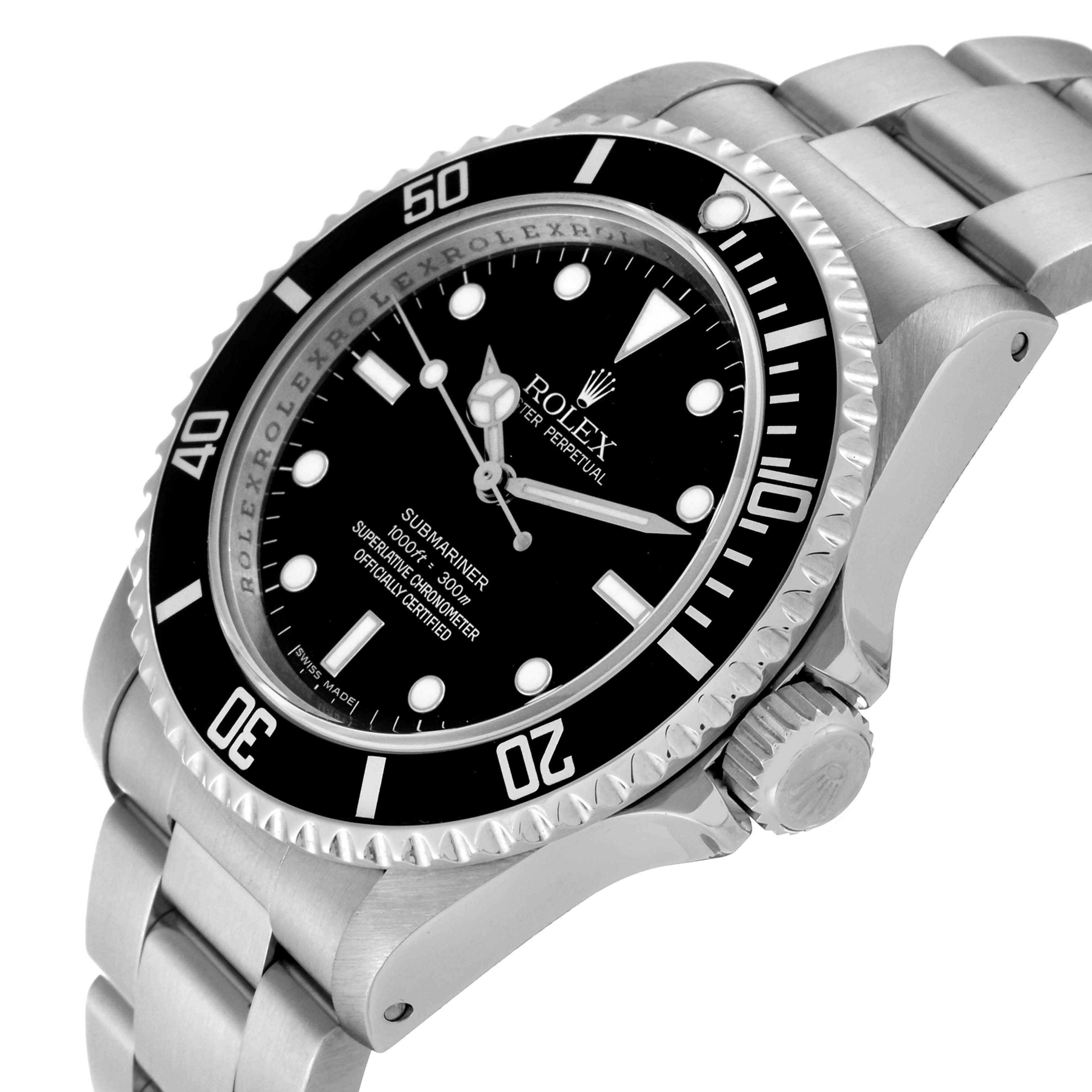 This image shows a Rolex Submariner 14060M Men
s Stainless Steel Black Dial 14060M Men
s Stainless Steel Black Dial watch from an angled side view, highlighting the bezel, dial, crown, and bracelet.