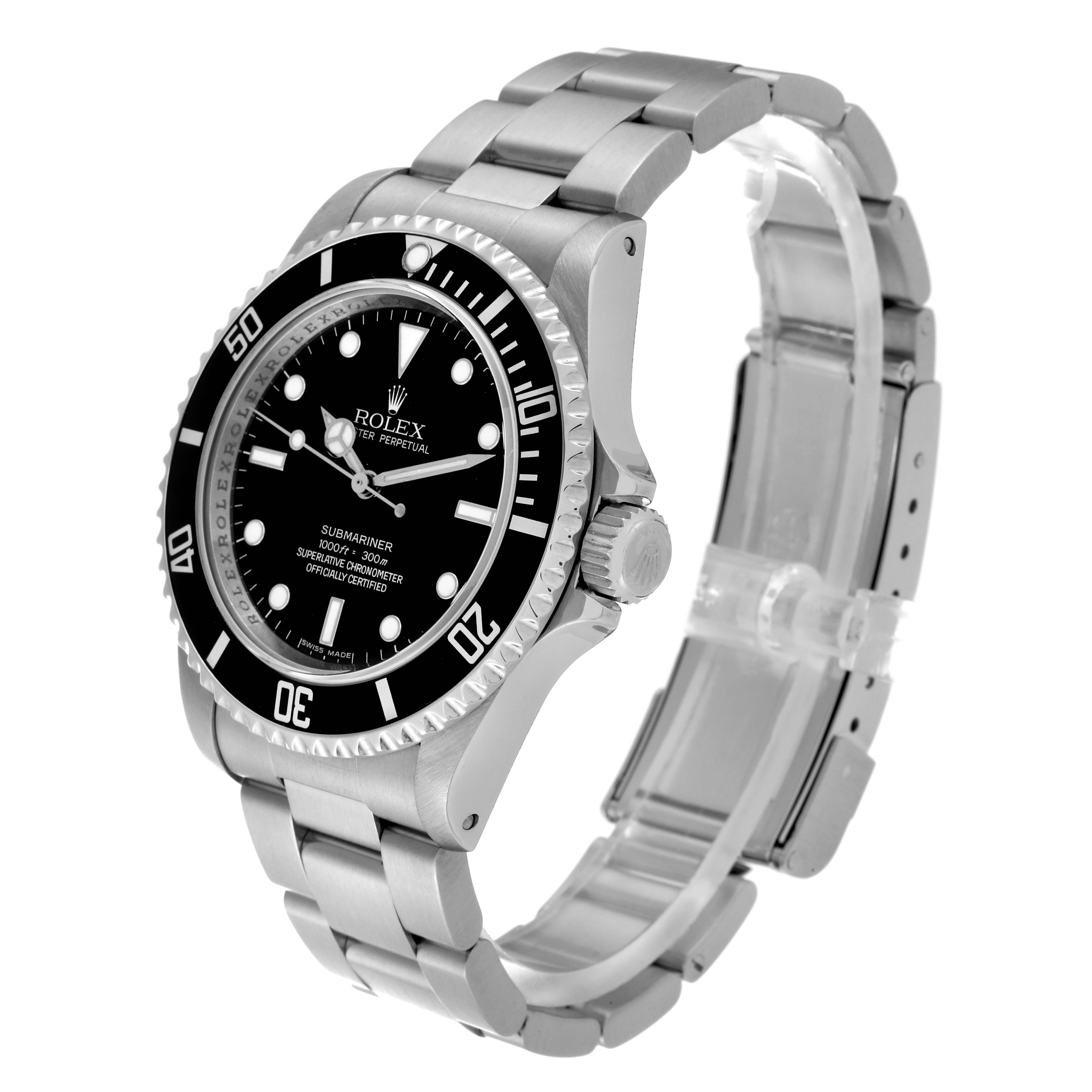 The image shows a Rolex Submariner 14060M Men
s Stainless Steel Black Dial 14060M Men
s Stainless Steel Black Dial watch from a three-quarter angle, highlighting the dial, bezel, crown, and bracelet.