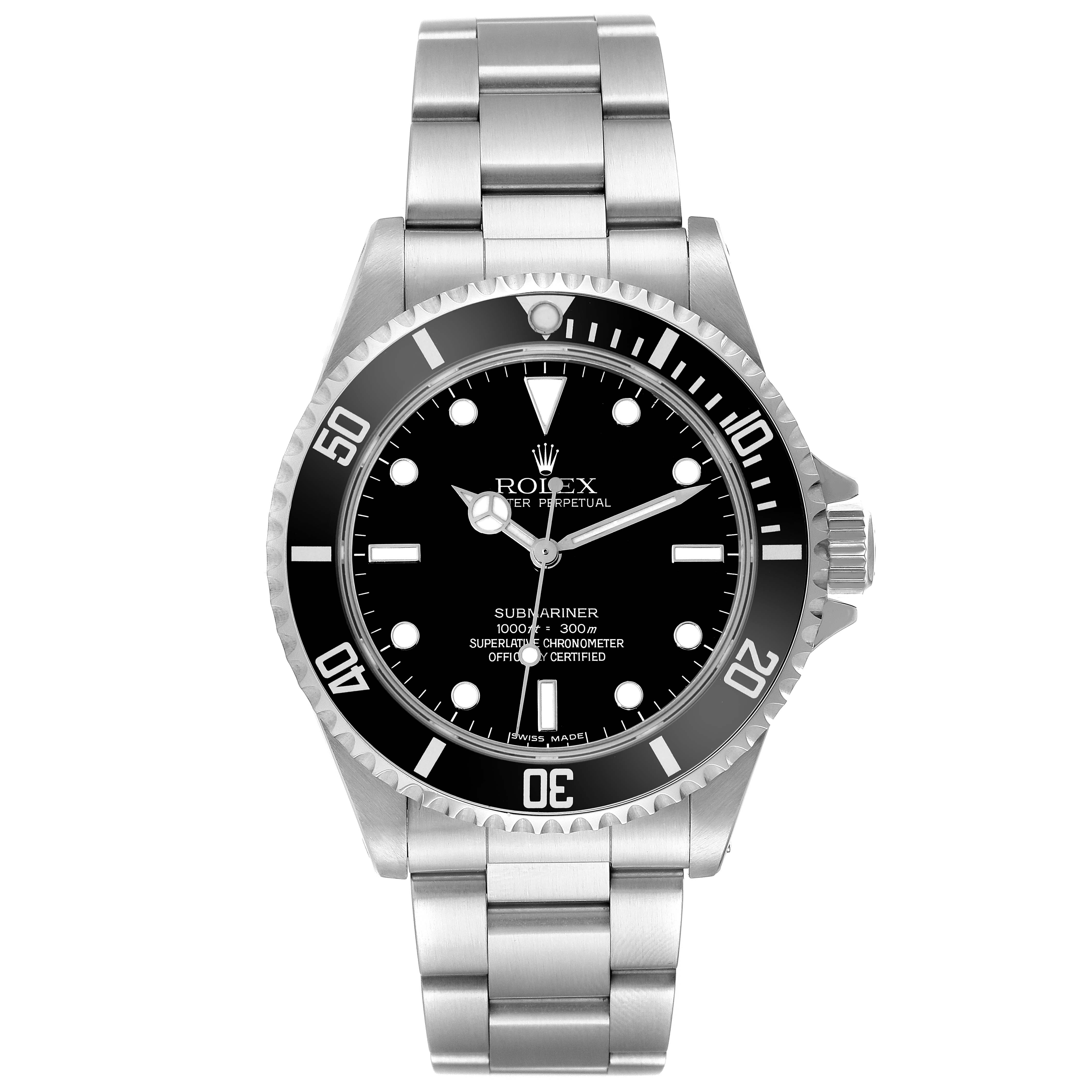 This image shows a frontal view of the Rolex Submariner 14060M Men
s Stainless Steel Black Dial 14060M Men
s Stainless Steel Black Dial watch, displaying the face, bezel, and bracelet.