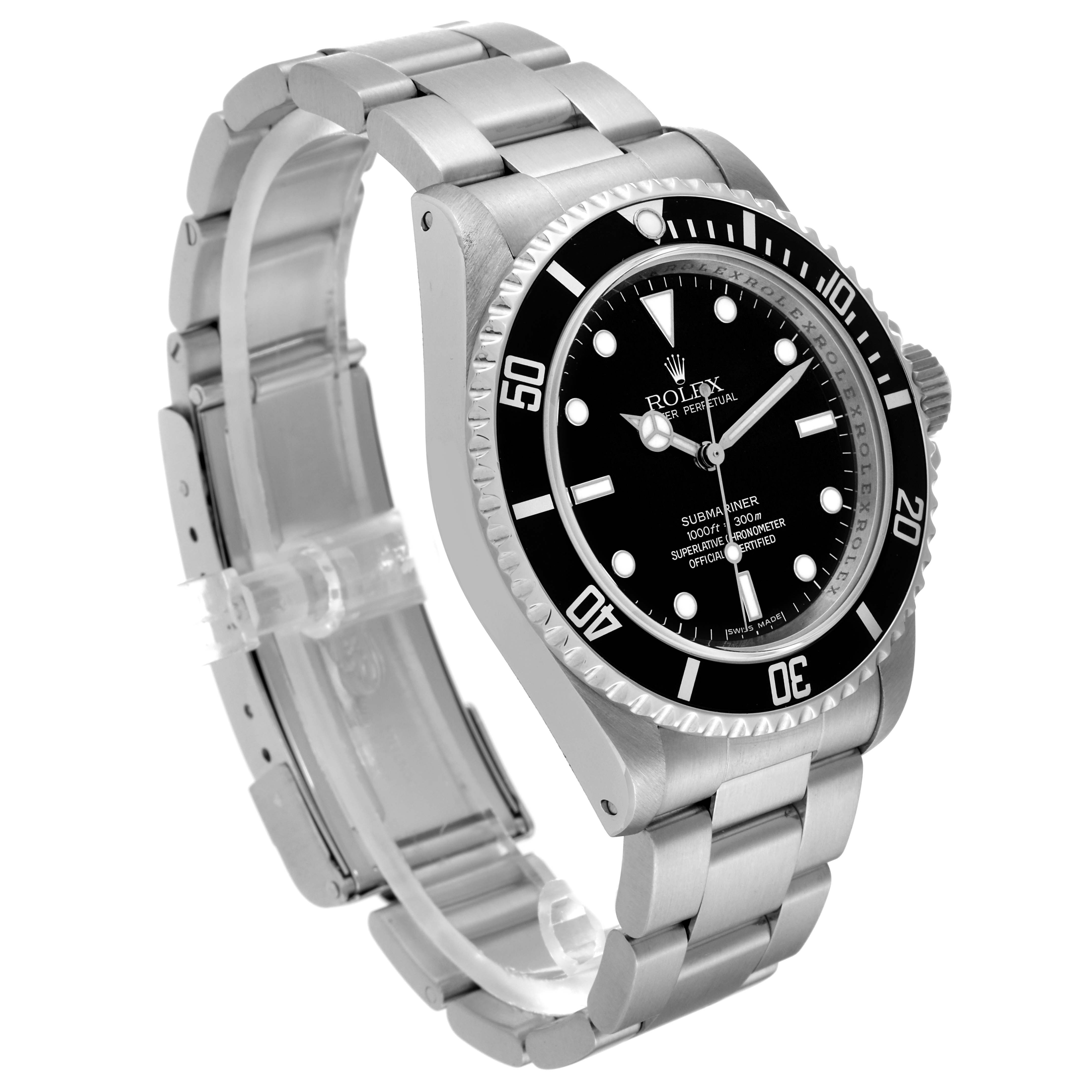 The image shows a Rolex Submariner 14060M Men
s Stainless Steel Black Dial 14060M Men
s Stainless Steel Black Dial watch at an angled side view, highlighting its black dial, rotating bezel, and stainless steel bracelet.