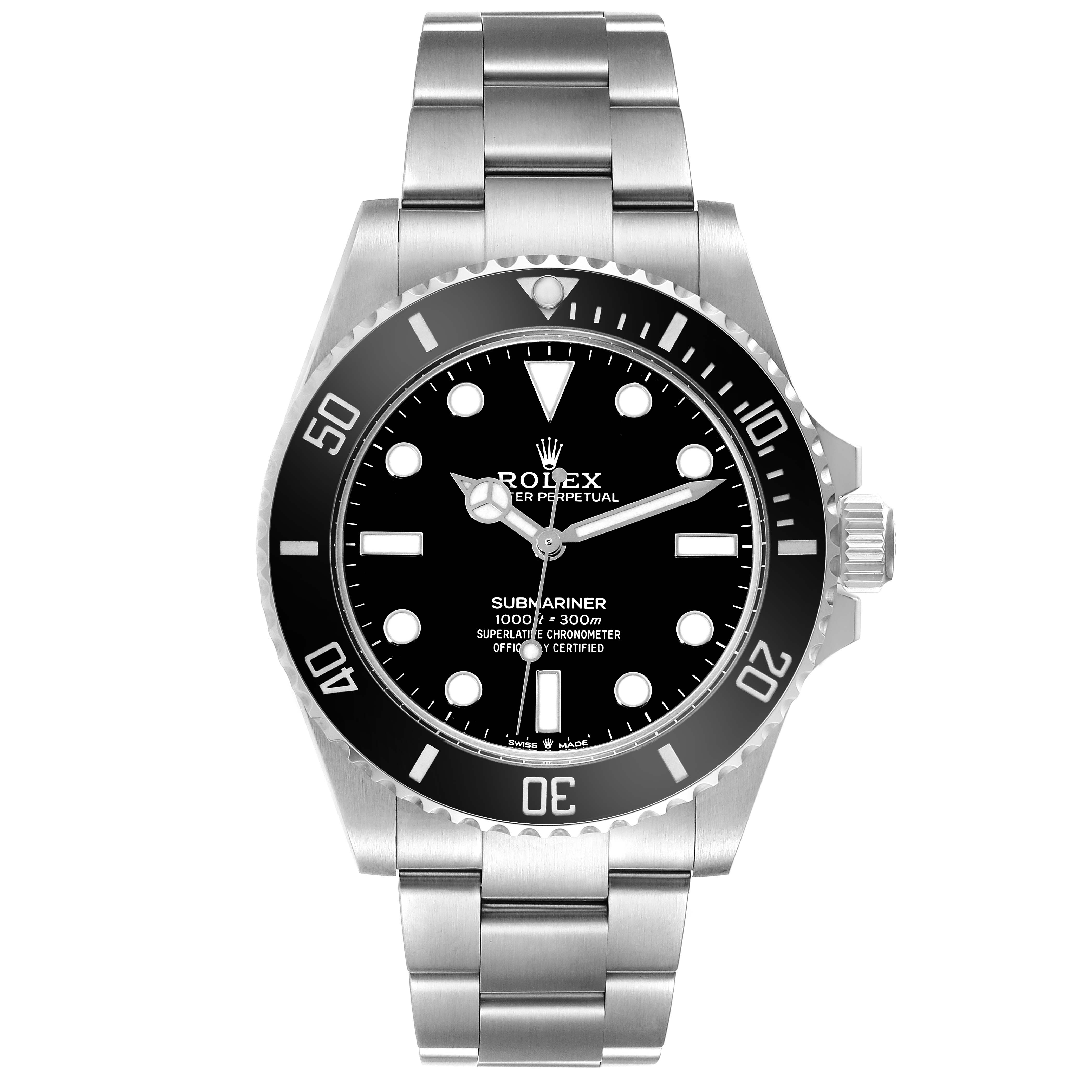 This is a front view of a Rolex Submariner M124060-0001 Men
s Stainless Steel Black Dial M124060-0001 Men
s Stainless Steel Black Dial watch showing the dial, bezel, and stainless steel bracelet.