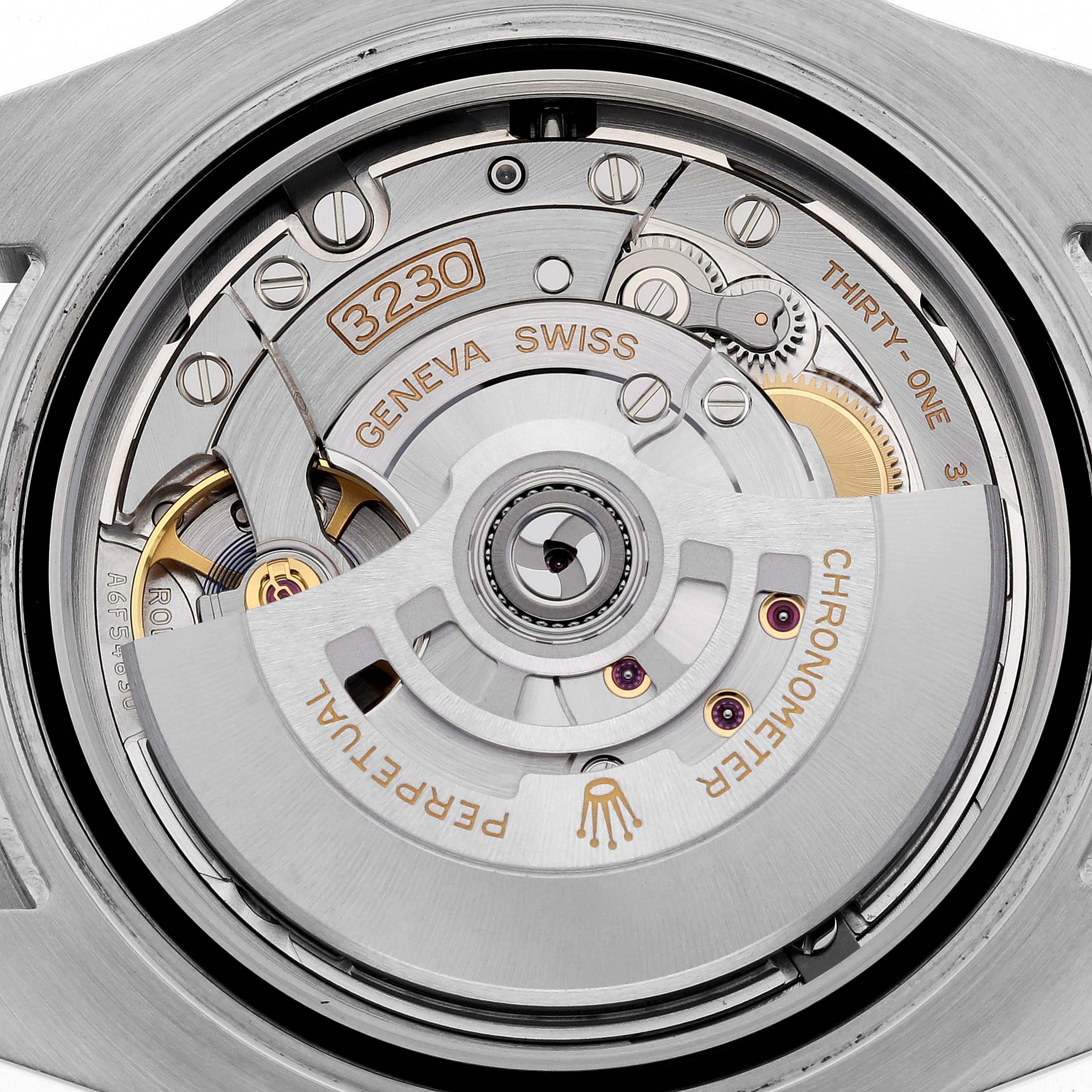 This image shows an up-close view of the movement mechanism inside a Rolex Submariner M124060-0001 Men
s Stainless Steel Black Dial M124060-0001 Men
s Stainless Steel Black Dial watch.