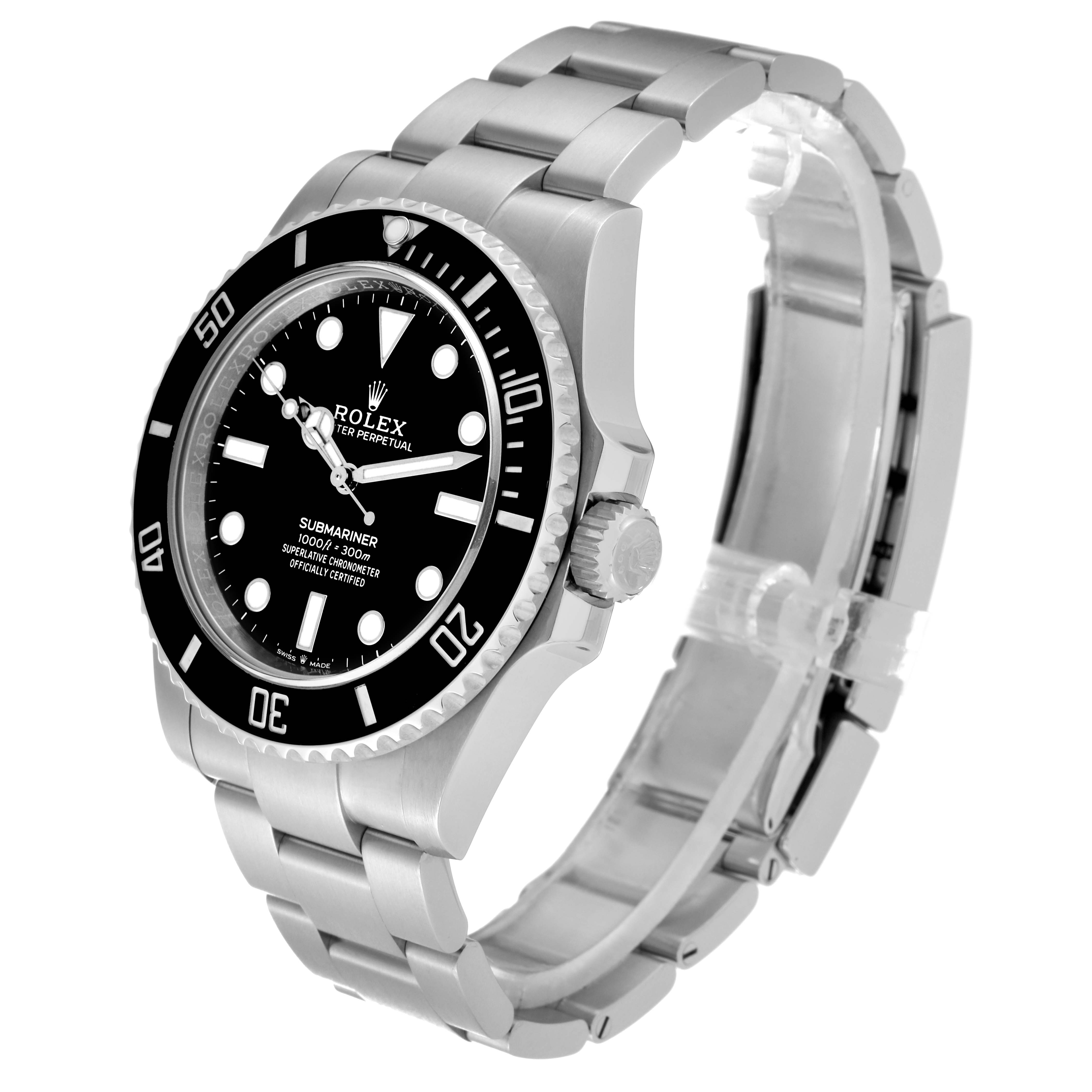 The image shows a Rolex Submariner M124060-0001 Men
s Stainless Steel Black Dial M124060-0001 Men
s Stainless Steel Black Dial watch at a three-quarter angle, highlighting its face, bezel, crown, and bracelet.