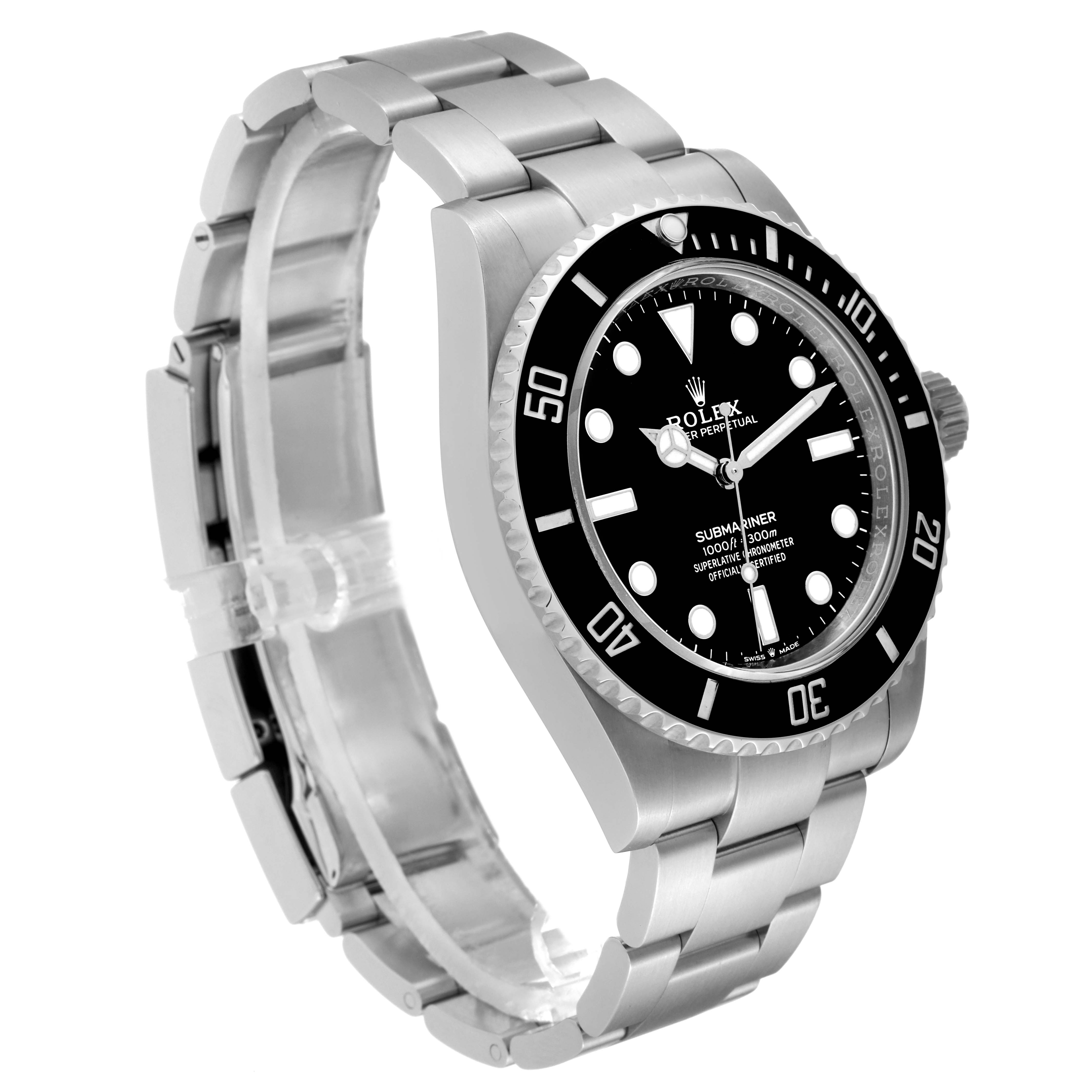 The image shows a Rolex Submariner M124060-0001 Men
s Stainless Steel Black Dial M124060-0001 Men
s Stainless Steel Black Dial angled from the right side, displaying its bracelet, bezel, and dial.