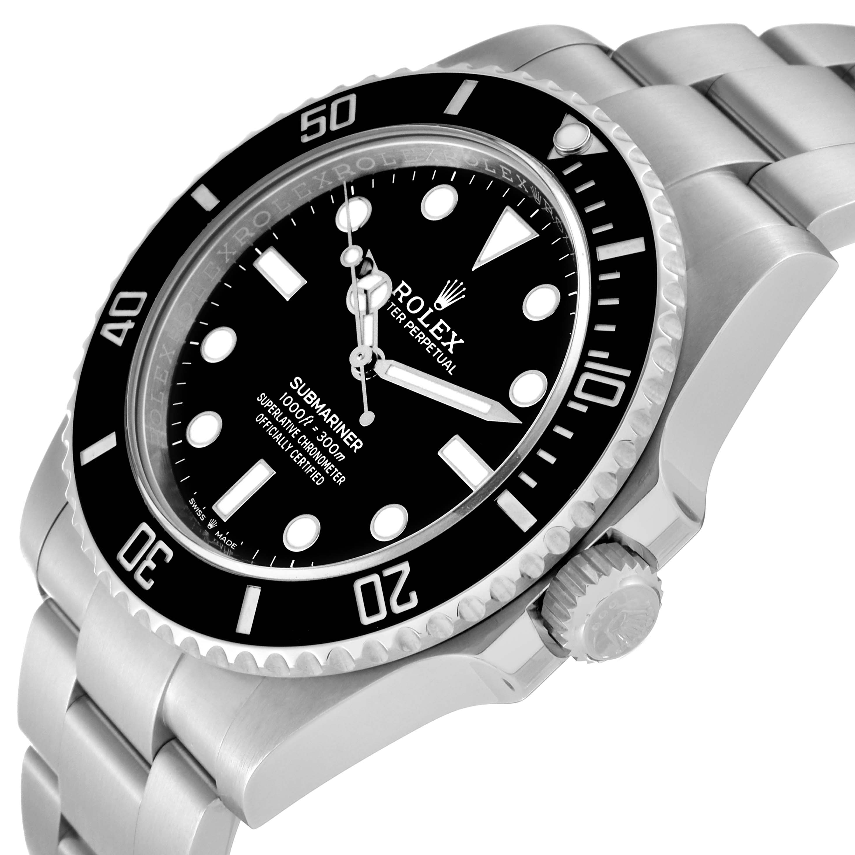 The image shows a close-up, angled view of the Rolex Submariner M124060-0001 Men
s Stainless Steel Black Dial M124060-0001 Men
s Stainless Steel Black Dial watch, highlighting its dial, bezel, and part of the bracelet.