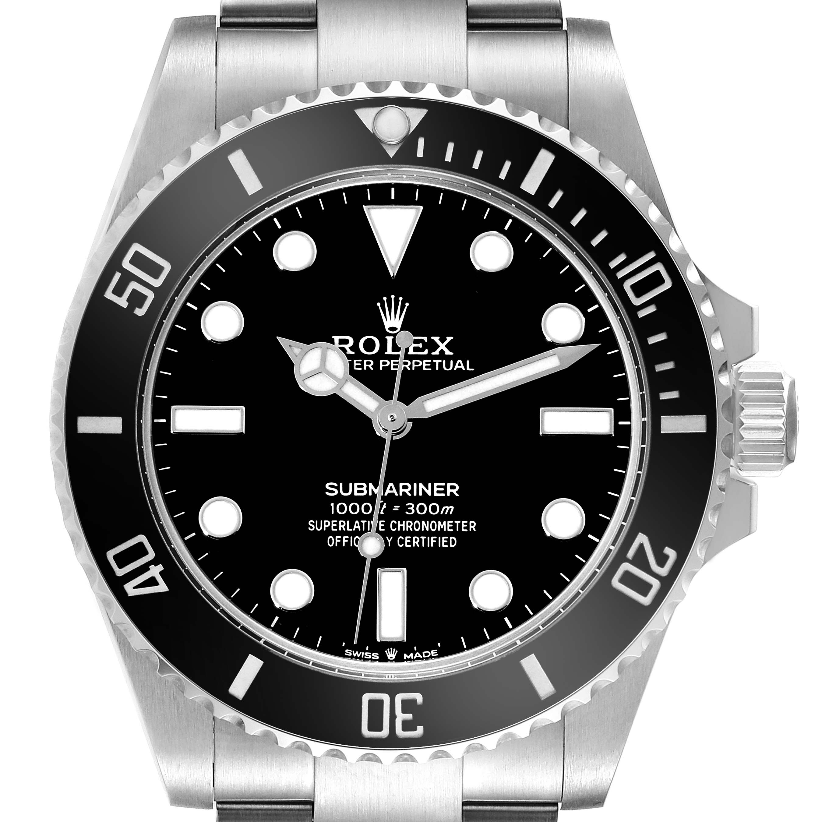 This image shows the front view of a Rolex Submariner M124060-0001 Men
s Stainless Steel Black Dial M124060-0001 Men
s Stainless Steel Black Dial watch, including the black dial, bezel, and stainless steel bracelet.