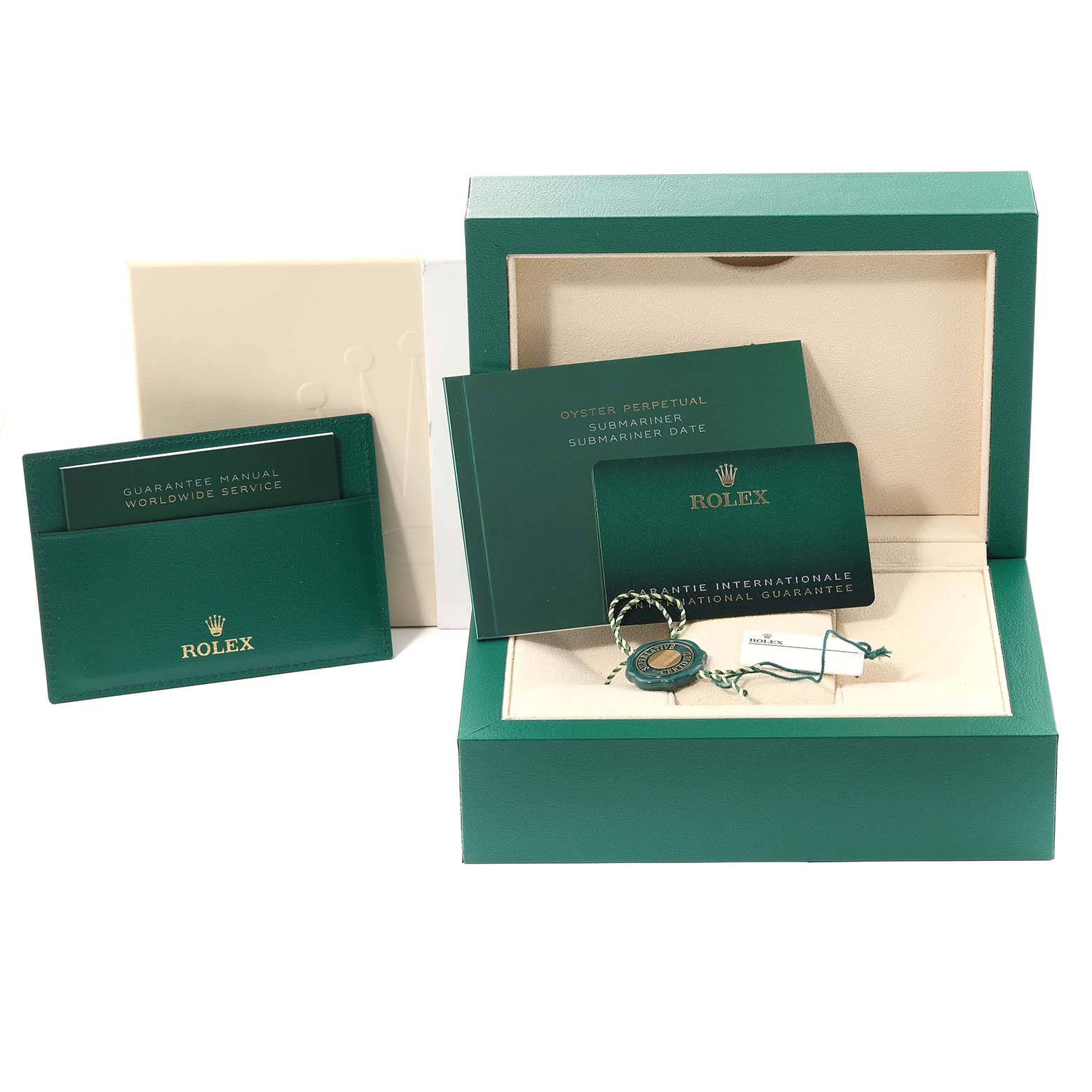 This image shows the packaging, guarantee manual, and certification cards for the Rolex Submariner M124060-0001 Men
s Stainless Steel Black Dial M124060-0001 Men
s Stainless Steel Black Dial watch.