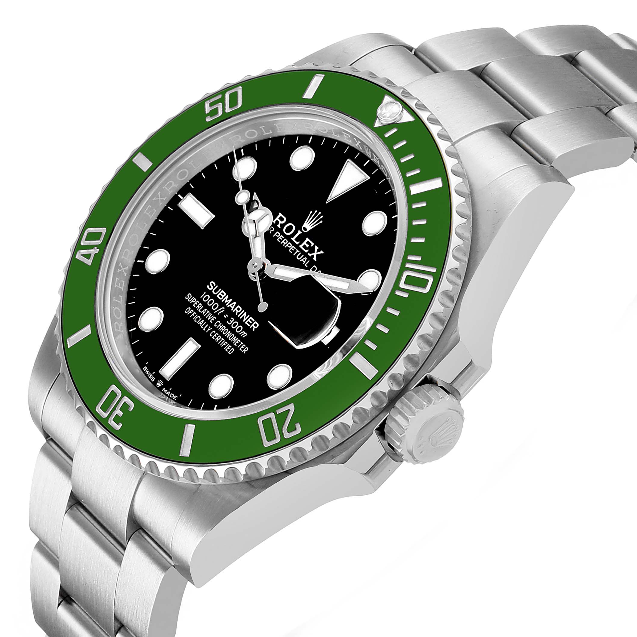 The Rolex Submariner M126610LV-0002 Men's Stainless Steel Black Dial is shown at a three-quarter angle, highlighting the green bezel, black dial, large indices, and metal bracelet.
