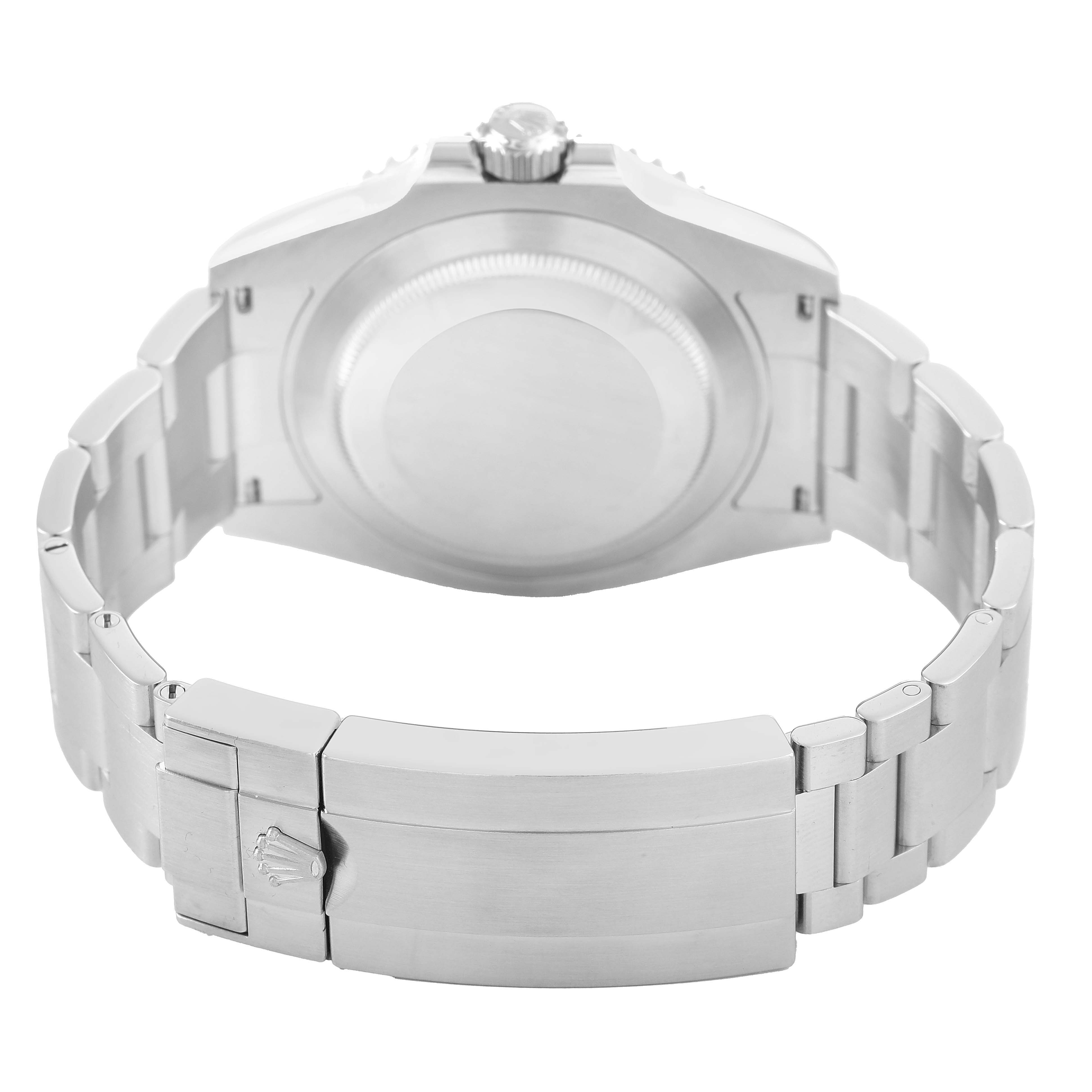 The image shows the back view of a Rolex Submariner M126610LV-0002 Men's Stainless Steel Black Dial, highlighting the case back and bracelet clasp.