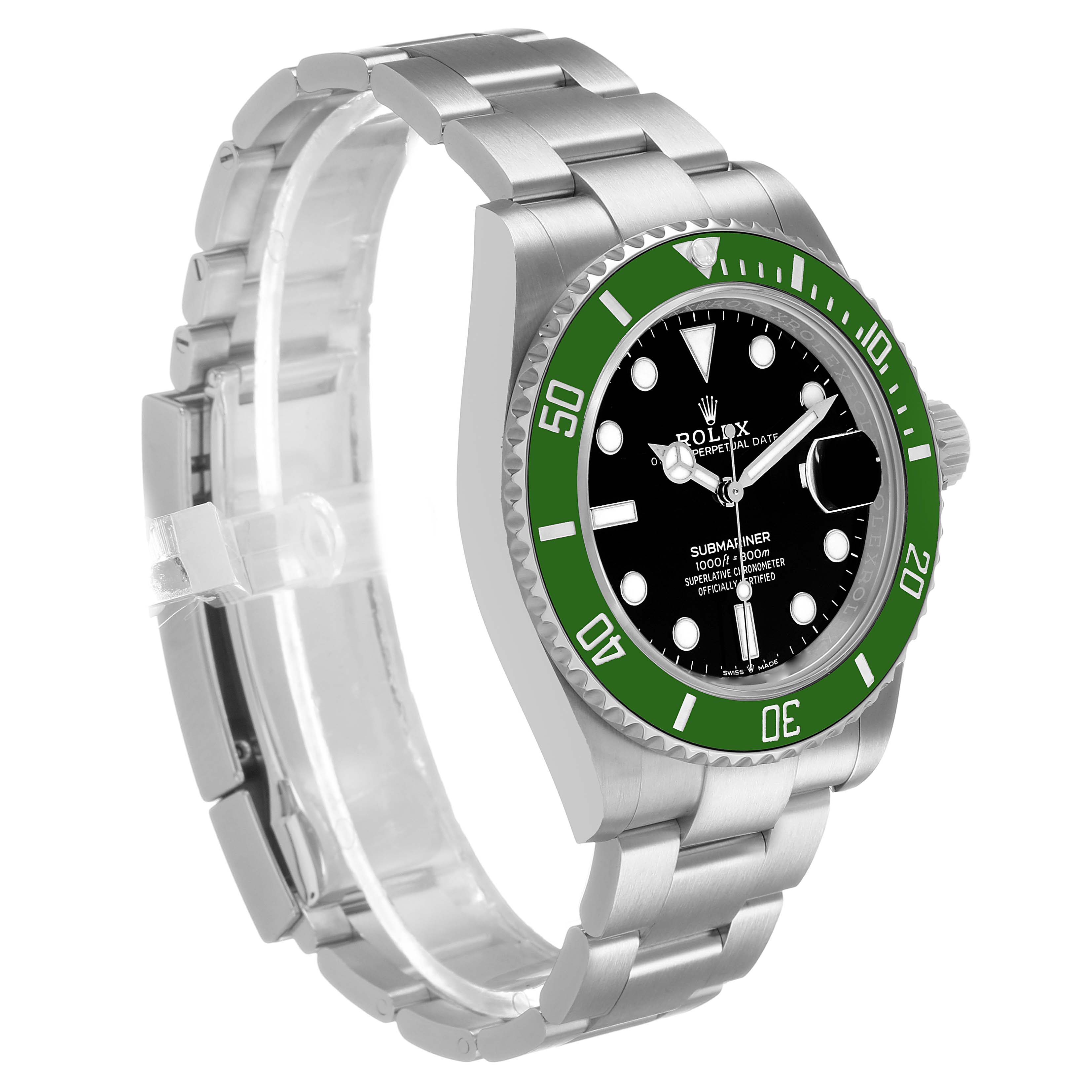 The Rolex Submariner M126610LV-0002 Men's Stainless Steel Black Dial is shown at a three-quarter angle, highlighting the green bezel, black dial, and stainless steel bracelet.