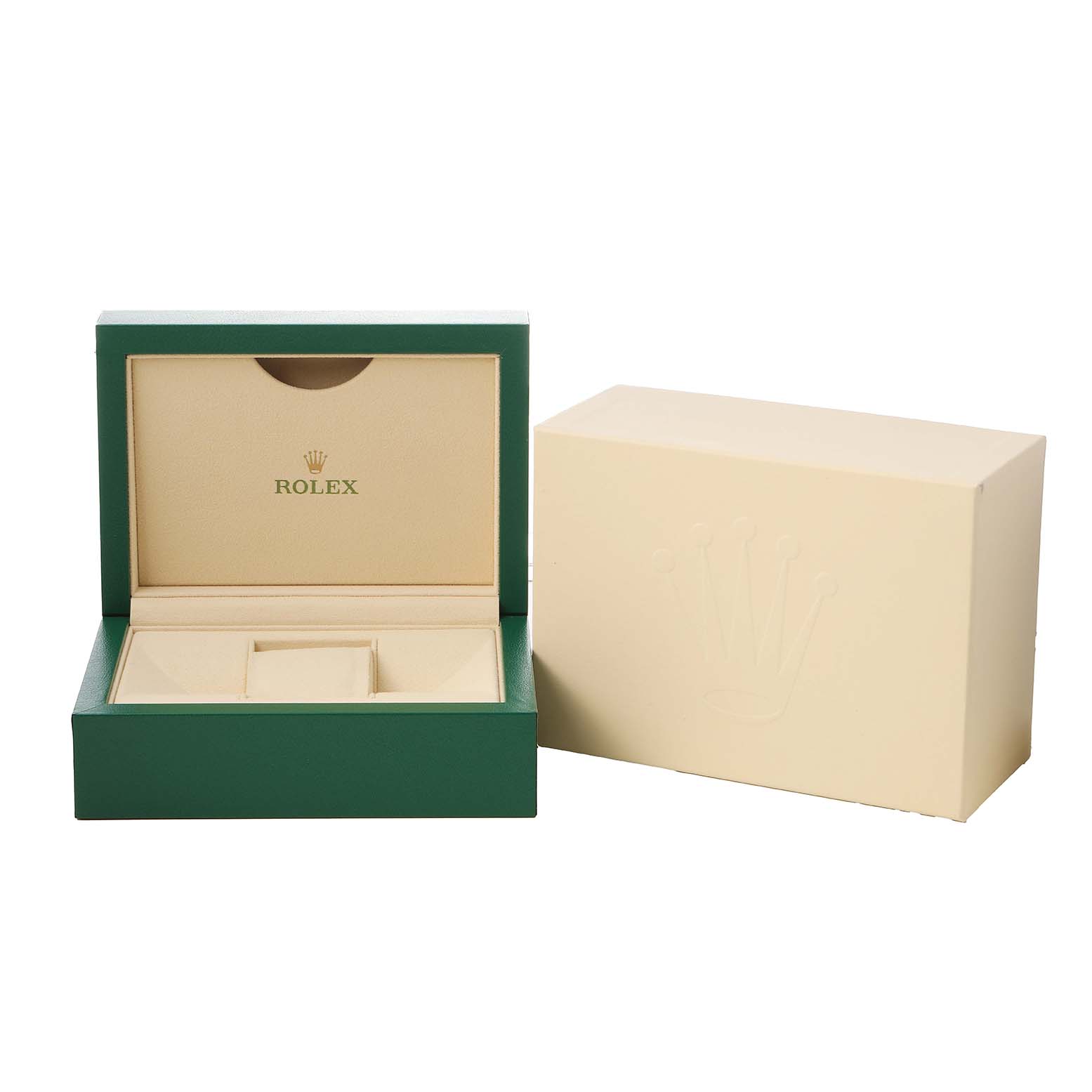 The image shows an open and closed Rolex Submariner M126610LV-0002 Men's Stainless Steel Black Dial watch box and packaging, highlighting the interior compartments and outer case.