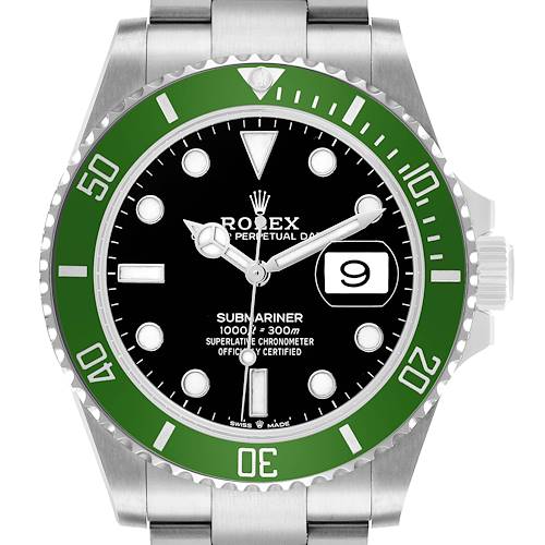 The Rolex Submariner M126610LV-0002 Men's Stainless Steel Black Dial watch is shown from the front, highlighting the dial, bezel, and bracelet.