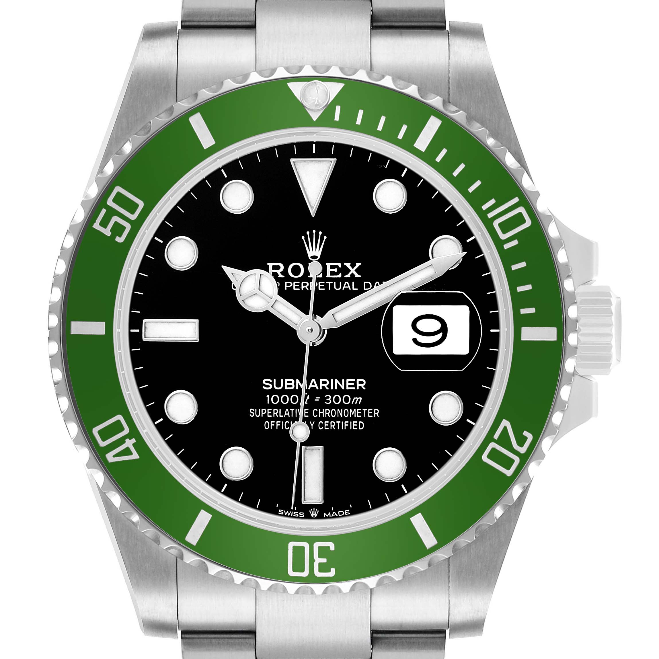 The Rolex Submariner M126610LV-0002 Men's Stainless Steel Black Dial watch is shown from the front, highlighting the green bezel, black dial, and date window.