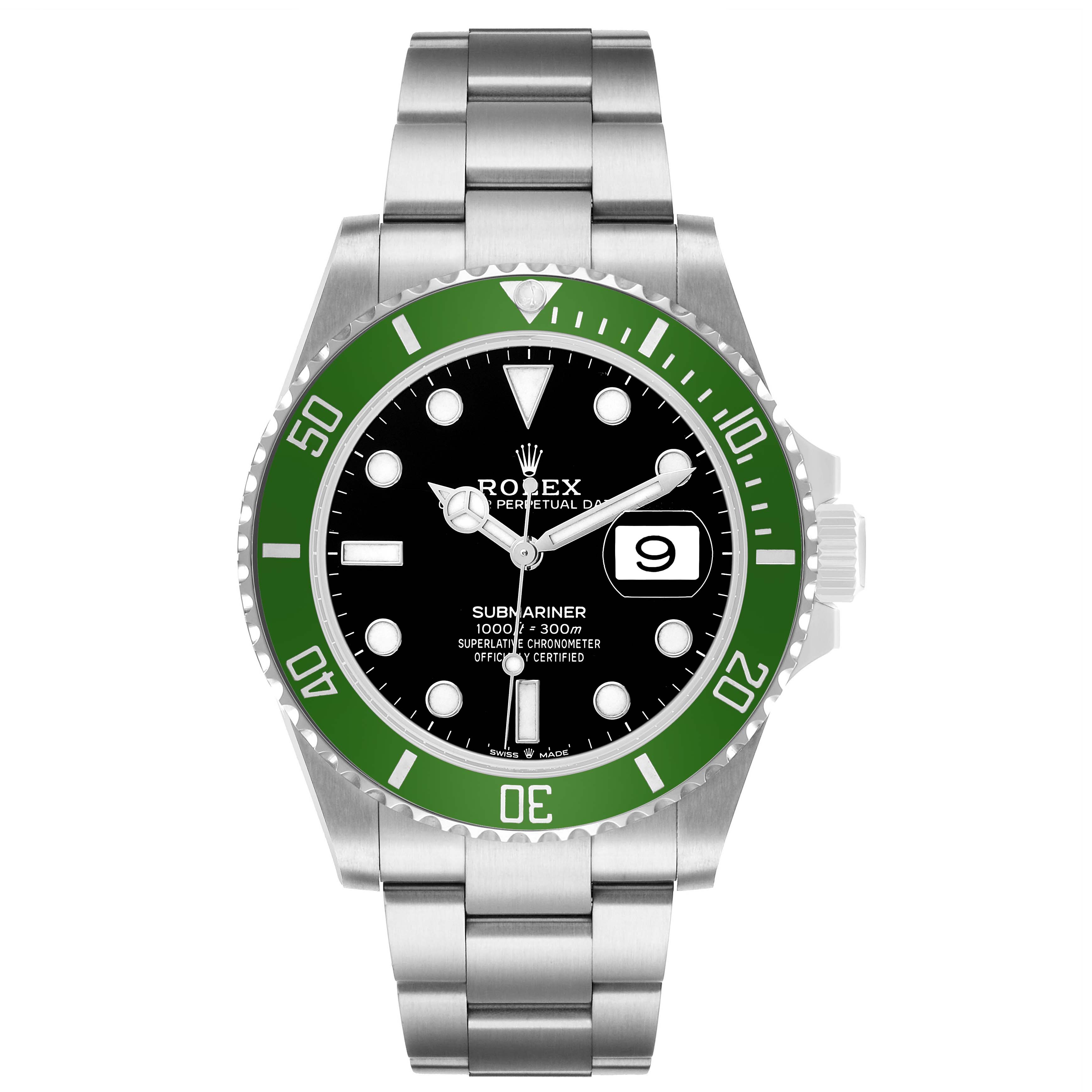 The Rolex Submariner M126610LV-0002 Men's Stainless Steel Black Dial is shown from a top view, displaying its green bezel, black dial, bracelet, and crown.