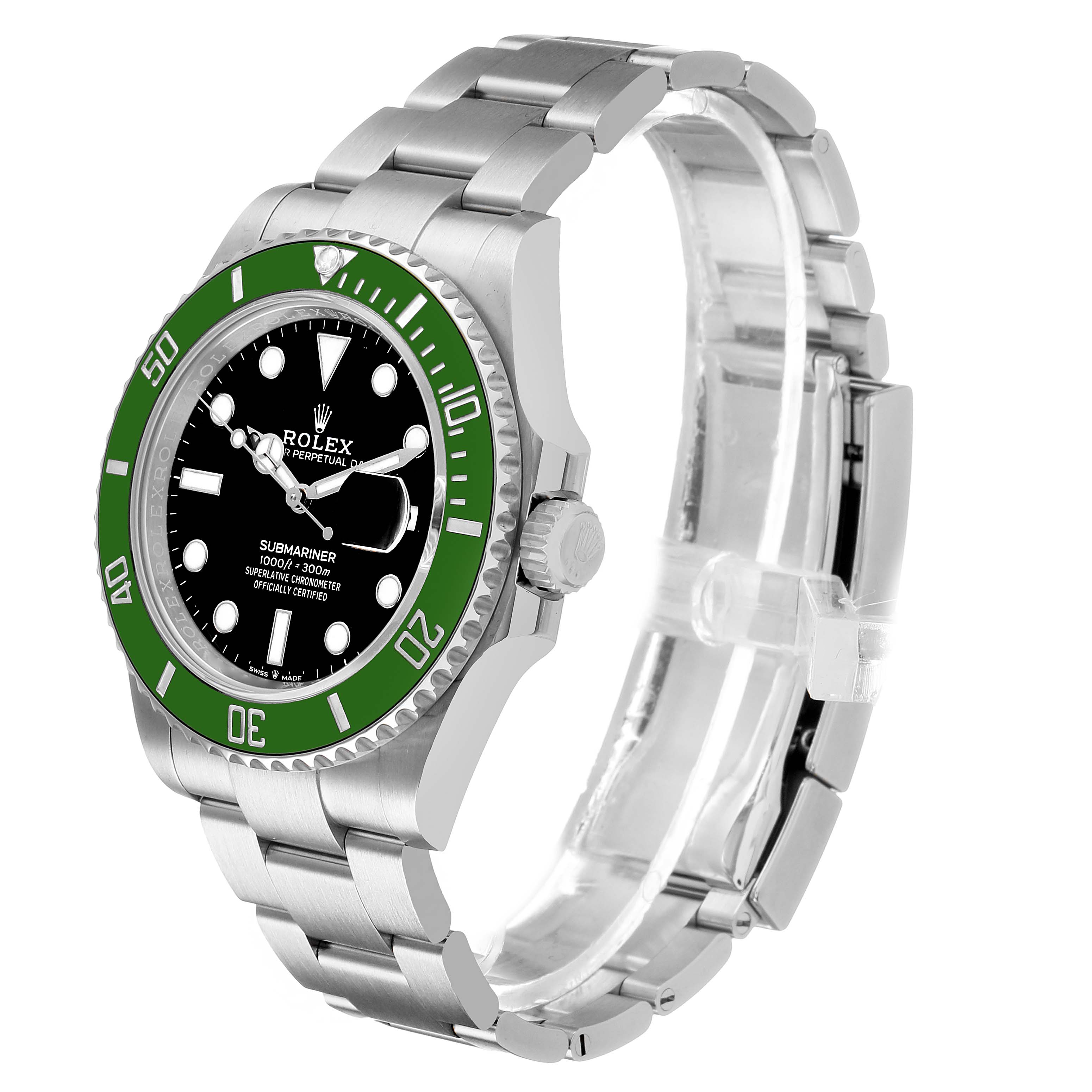 The Rolex Submariner M126610LV-0002 Men's Stainless Steel Black Dial watch is shown at a three-quarter angle, displaying the bezel, dial, crown, and bracelet.