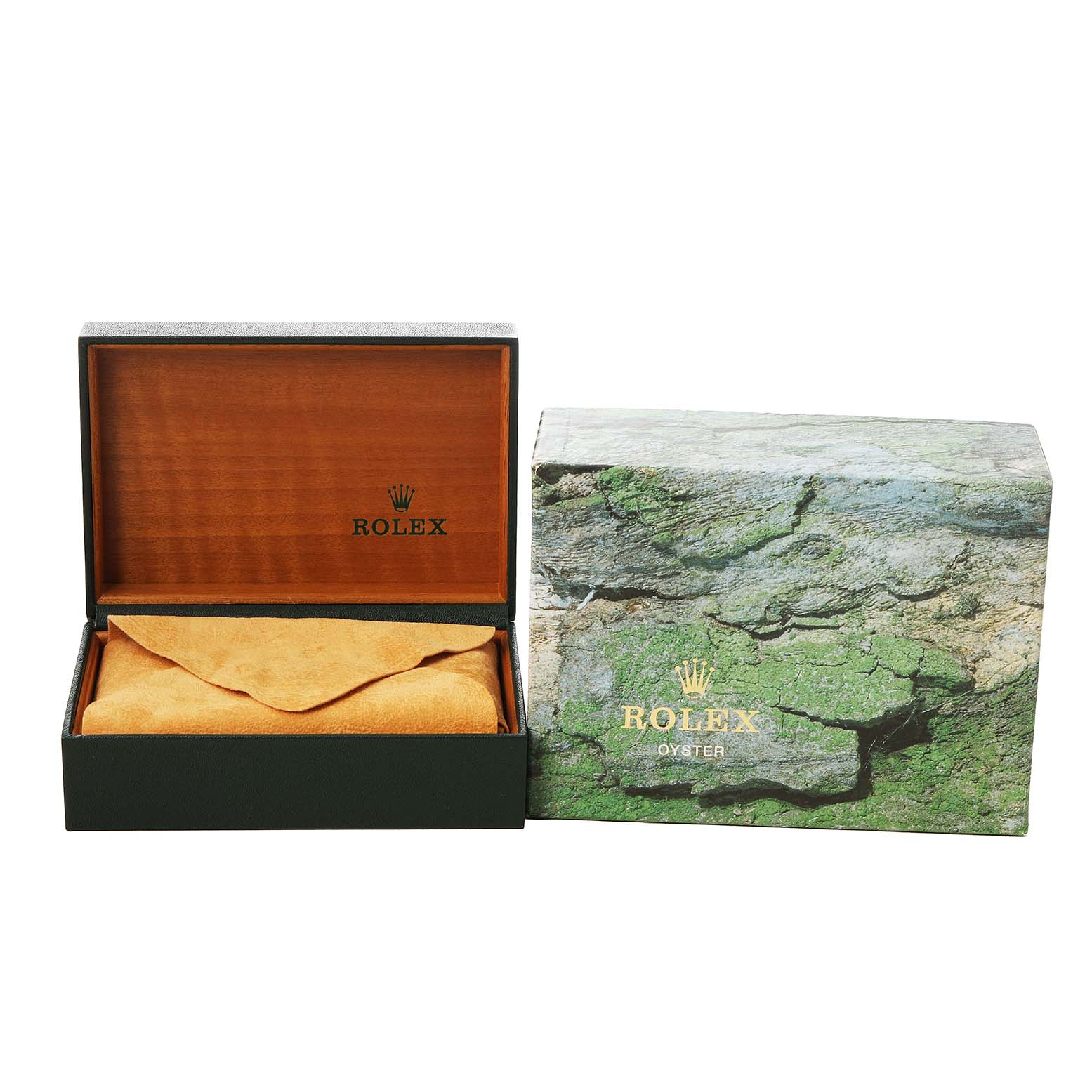 The image shows a Rolex Yacht-Master 169622 Women's Stainless Steel Silver Dial watch box with open lid, suede pouch, and an outer textured box with the Rolex logo.