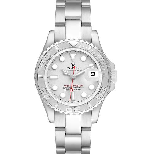 The Rolex Yacht-Master 169622 Women's Stainless Steel Silver Dial watch is shown from a front angle, displaying the dial, bezel, bracelet, and crown.