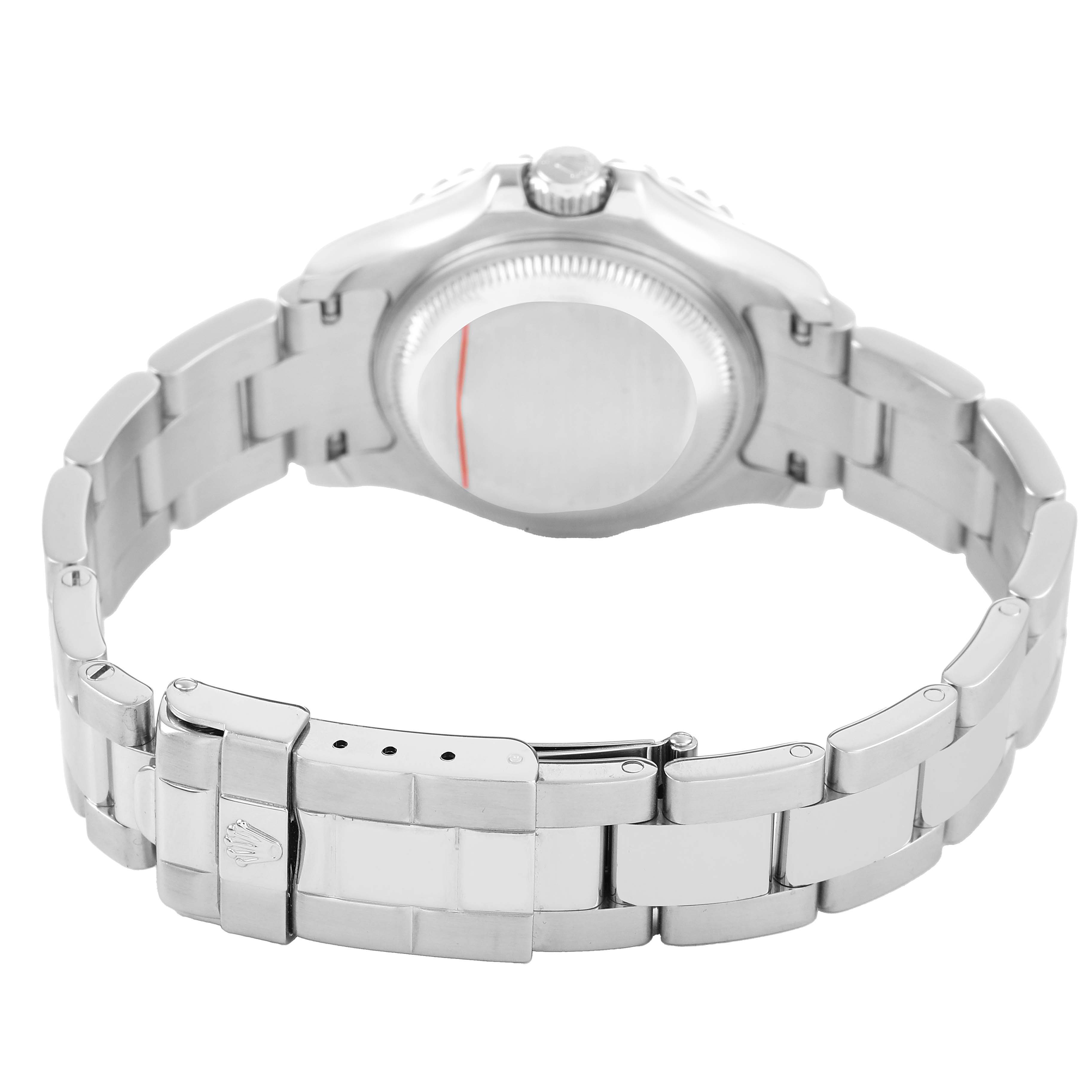 The image shows a Rolex Yacht-Master 169622 Women's Stainless Steel Silver Dial watch from the back, featuring the clasp, bracelet, and case back.