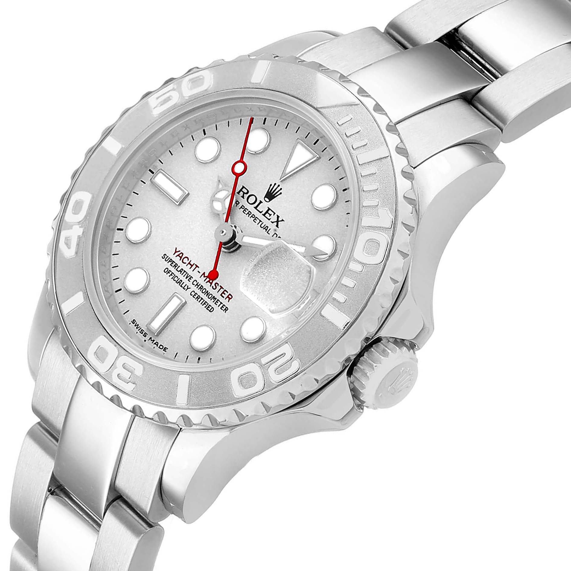 The Rolex Yacht-Master 169622 Women's Stainless Steel Silver Dial watch is shown at an oblique angle highlighting the dial, bezel, crown, and part of the bracelet.