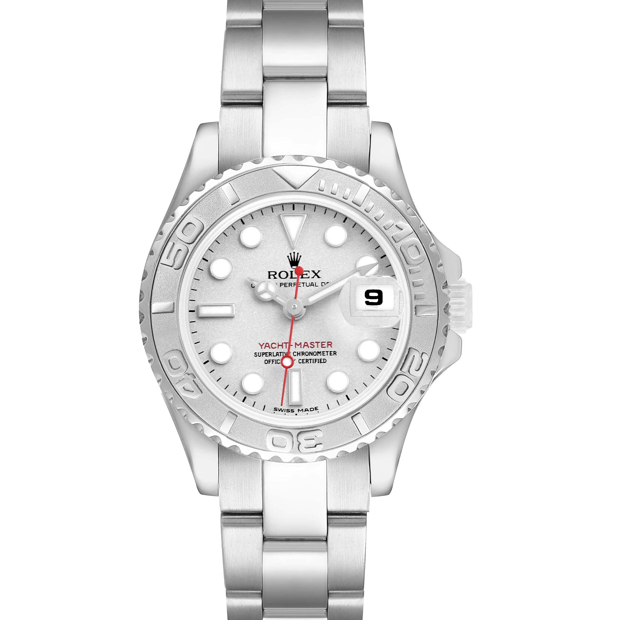 The Rolex Yacht-Master 169622 Women's Stainless Steel Silver Dial watch is shown from a front angle, highlighting the bezel, dial, hands, and bracelet.