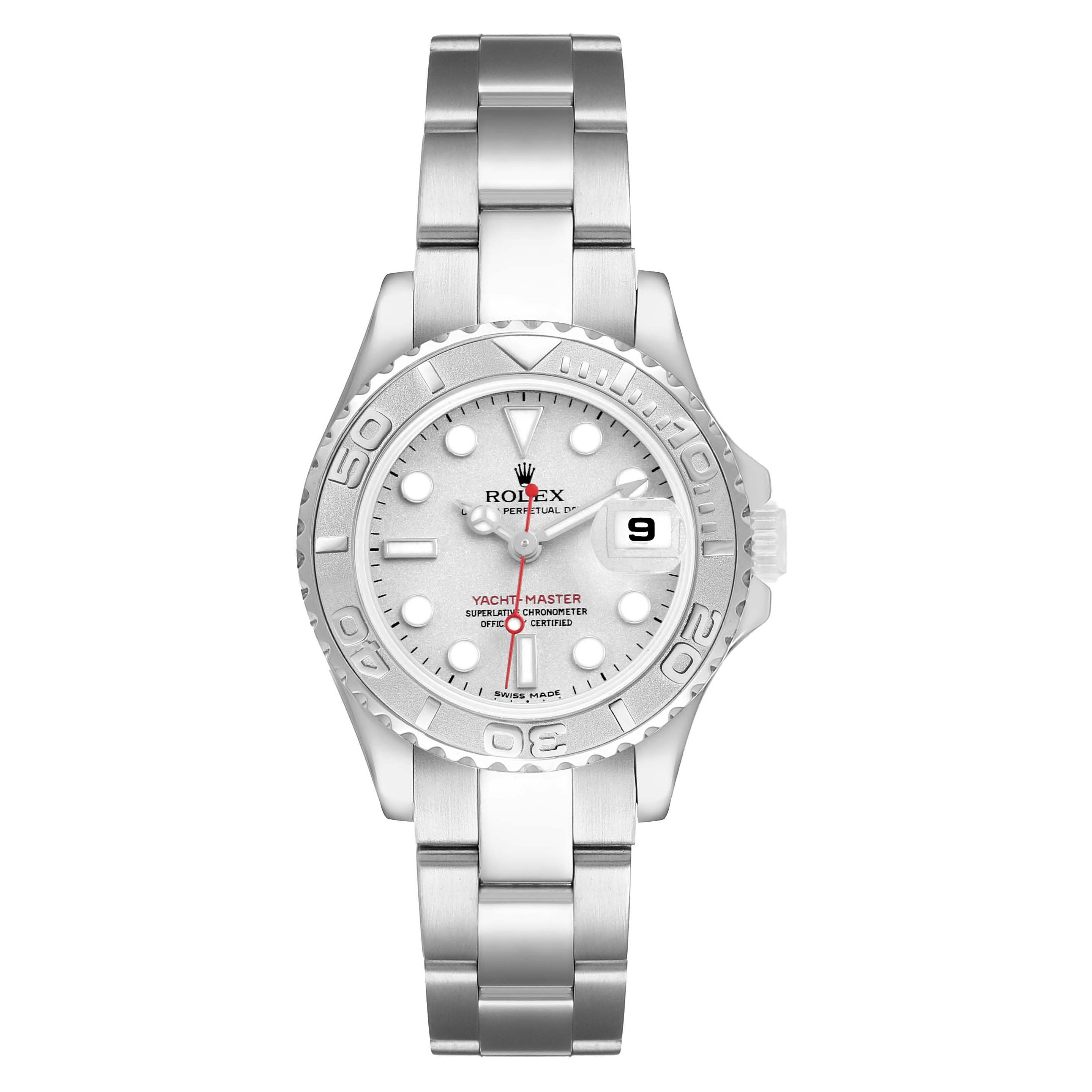 The Rolex Yacht-Master 169622 Women's Stainless Steel Silver Dial watch is shown from a front angle, displaying its face, bezel, and bracelet.
