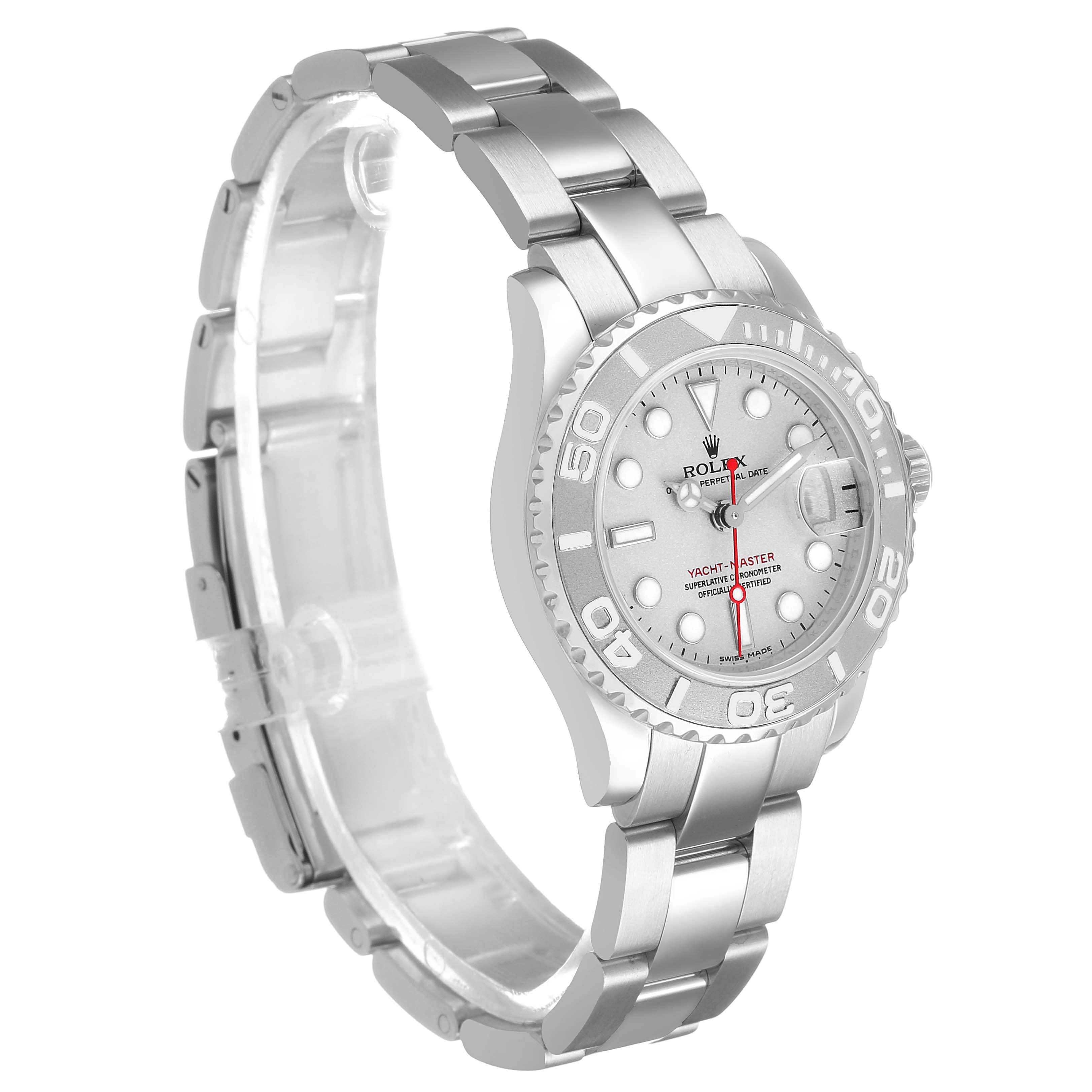 The Rolex Yacht-Master 169622 Women's Stainless Steel Silver Dial watch is shown from a three-quarter angle, displaying its dial, bezel, and bracelet.