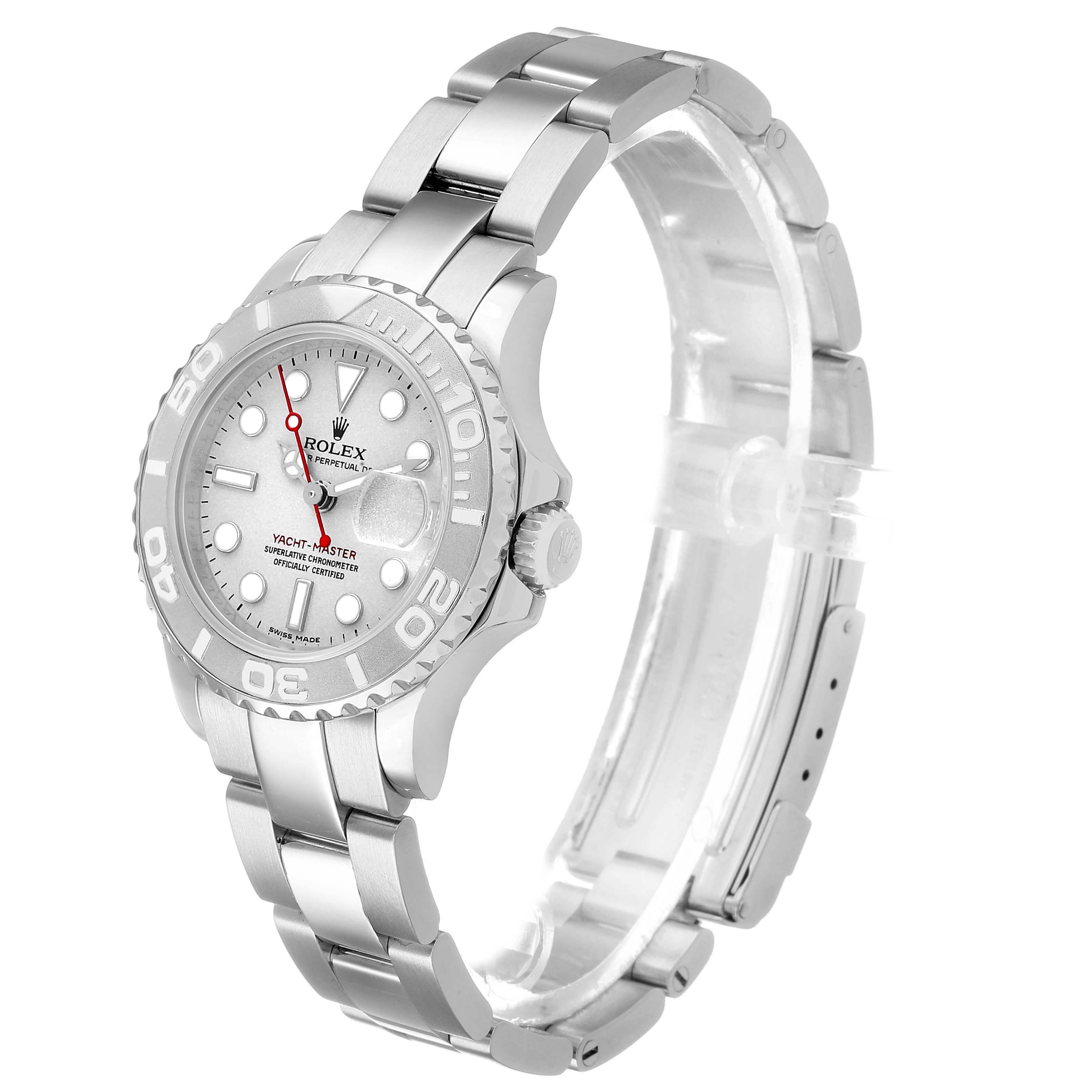 The Rolex Yacht-Master 169622 Women's Stainless Steel Silver Dial watch is shown at a three-quarter angle, highlighting the dial, bezel, crown, and bracelet.