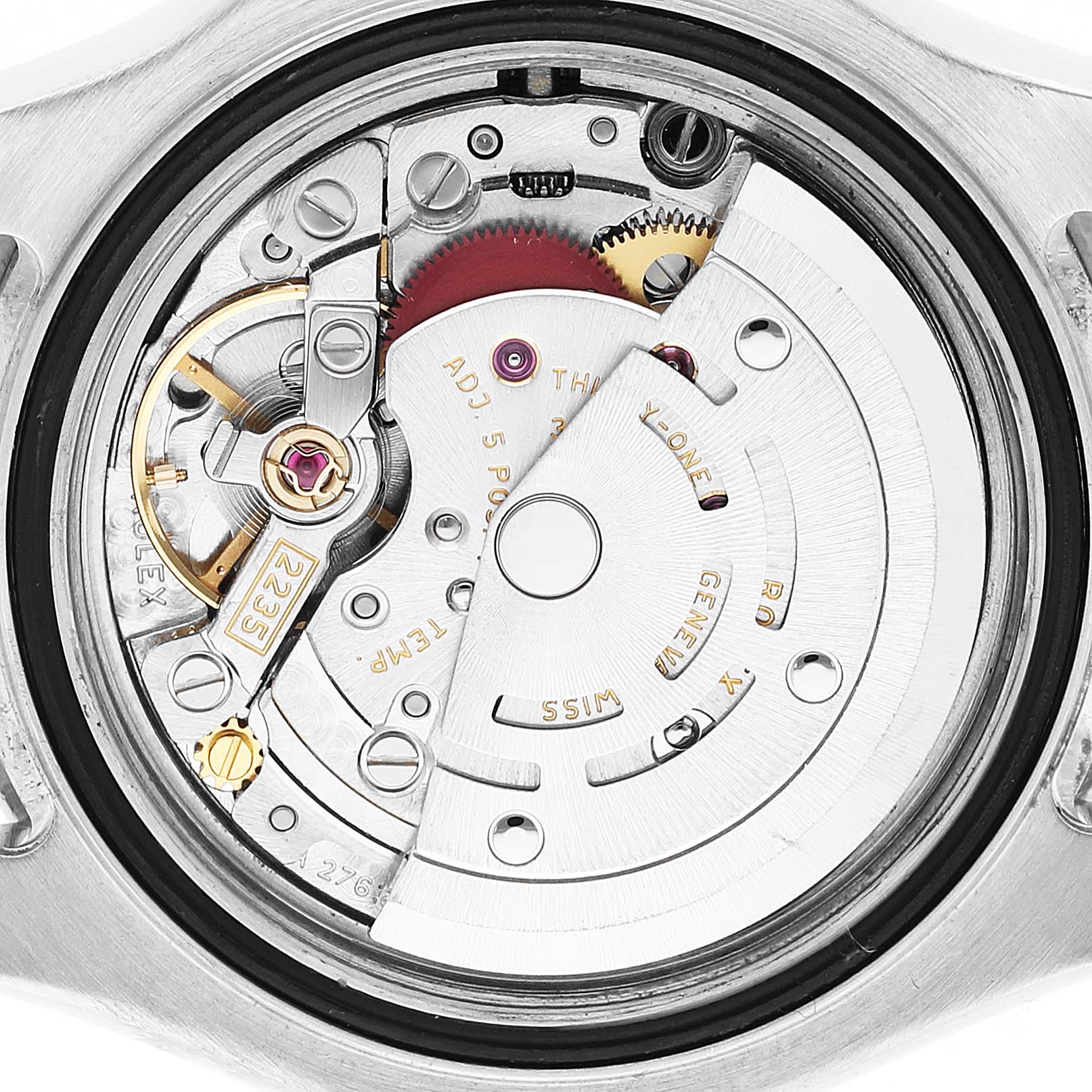 The image shows the intricate movement assembly of a Rolex Yacht-Master 169622 Women's Stainless Steel Silver Dial watch from the back angle.