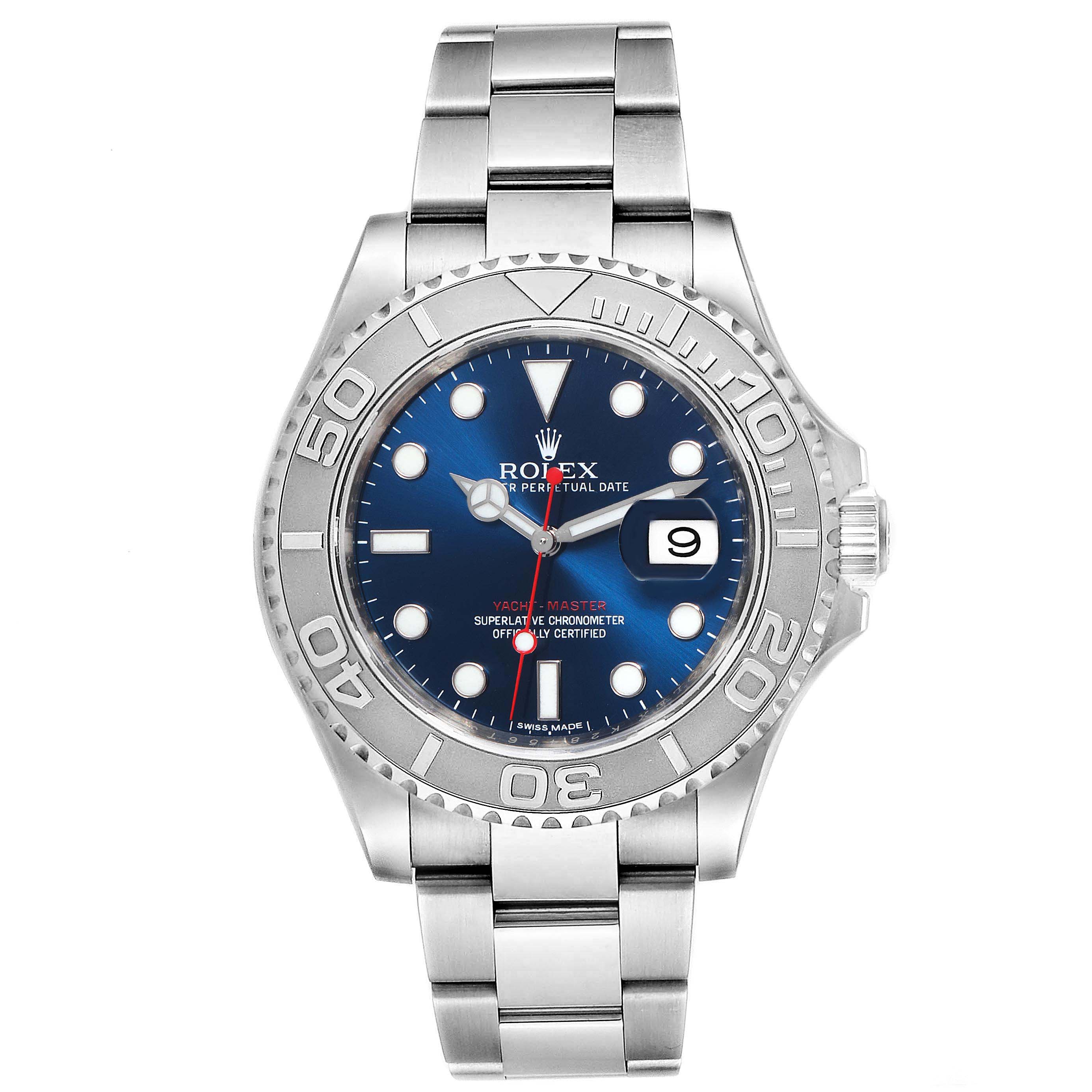This image shows a frontal view of the Yacht-Master watch by Rolex, including its face, bezel, and bracelet.