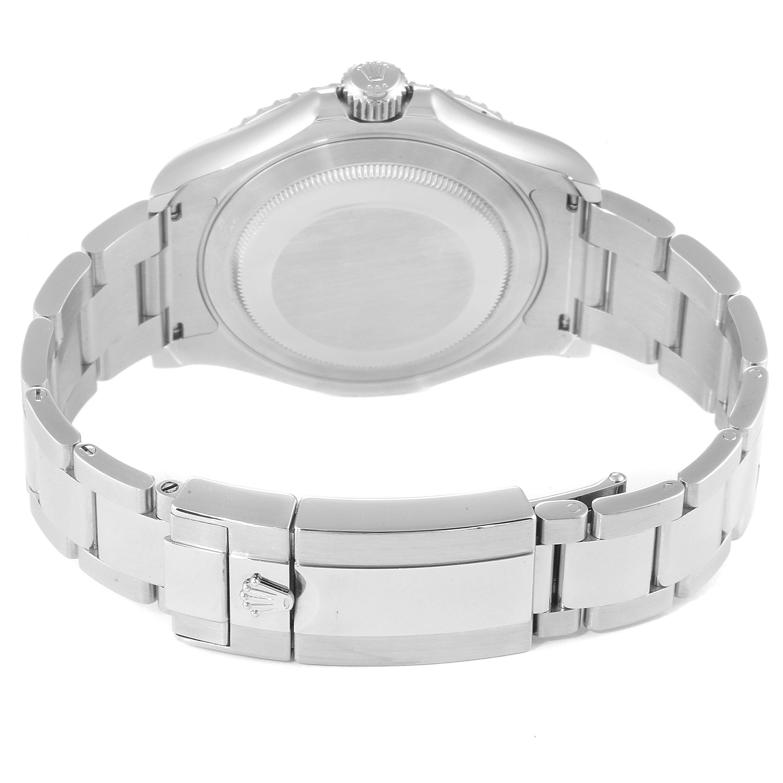 This image shows the back view of a Rolex Yacht-Master 116622 Men
s Stainless Steel Blue Dial 116622 Men
s Stainless Steel Blue Dial watch, displaying the case back and bracelet clasp.