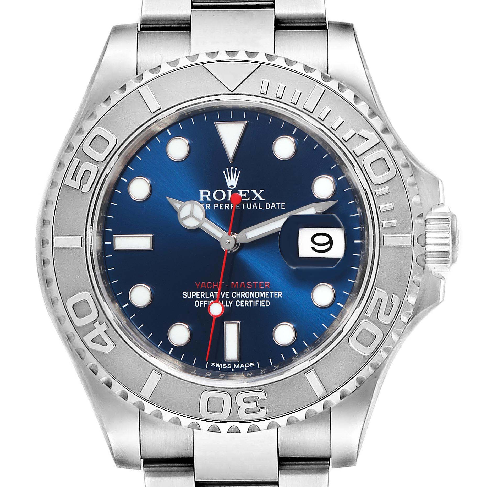 This image shows a front view of a Rolex Yacht-Master 116622 Men
s Stainless Steel Blue Dial 116622 Men
s Stainless Steel Blue Dial watch, highlighting the bezel, dial, and bracelet.
