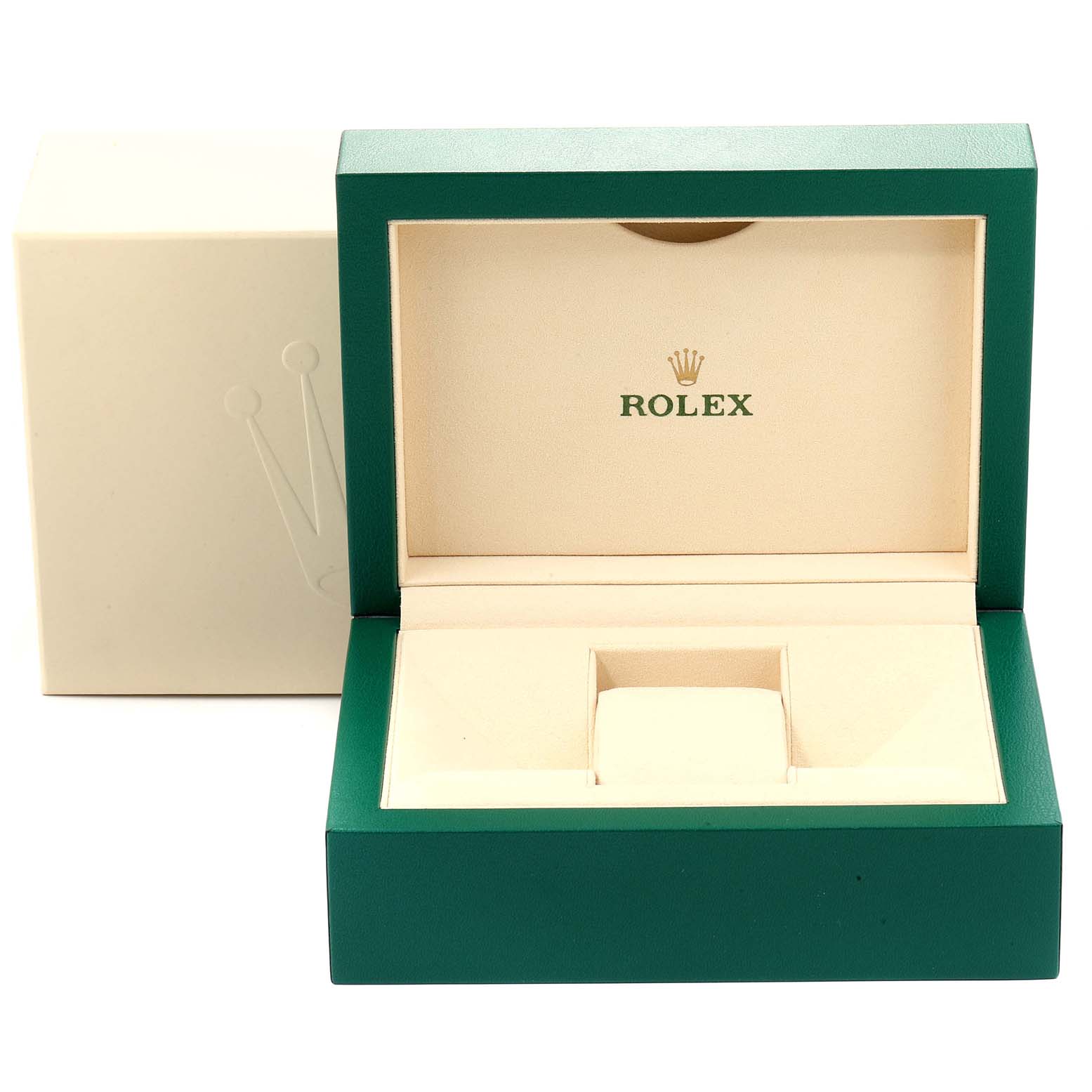 This image shows an open, empty Rolex Yacht-Master 116622 Men
s Stainless Steel Blue Dial 116622 Men
s Stainless Steel Blue Dial watch box with green and beige coloring.