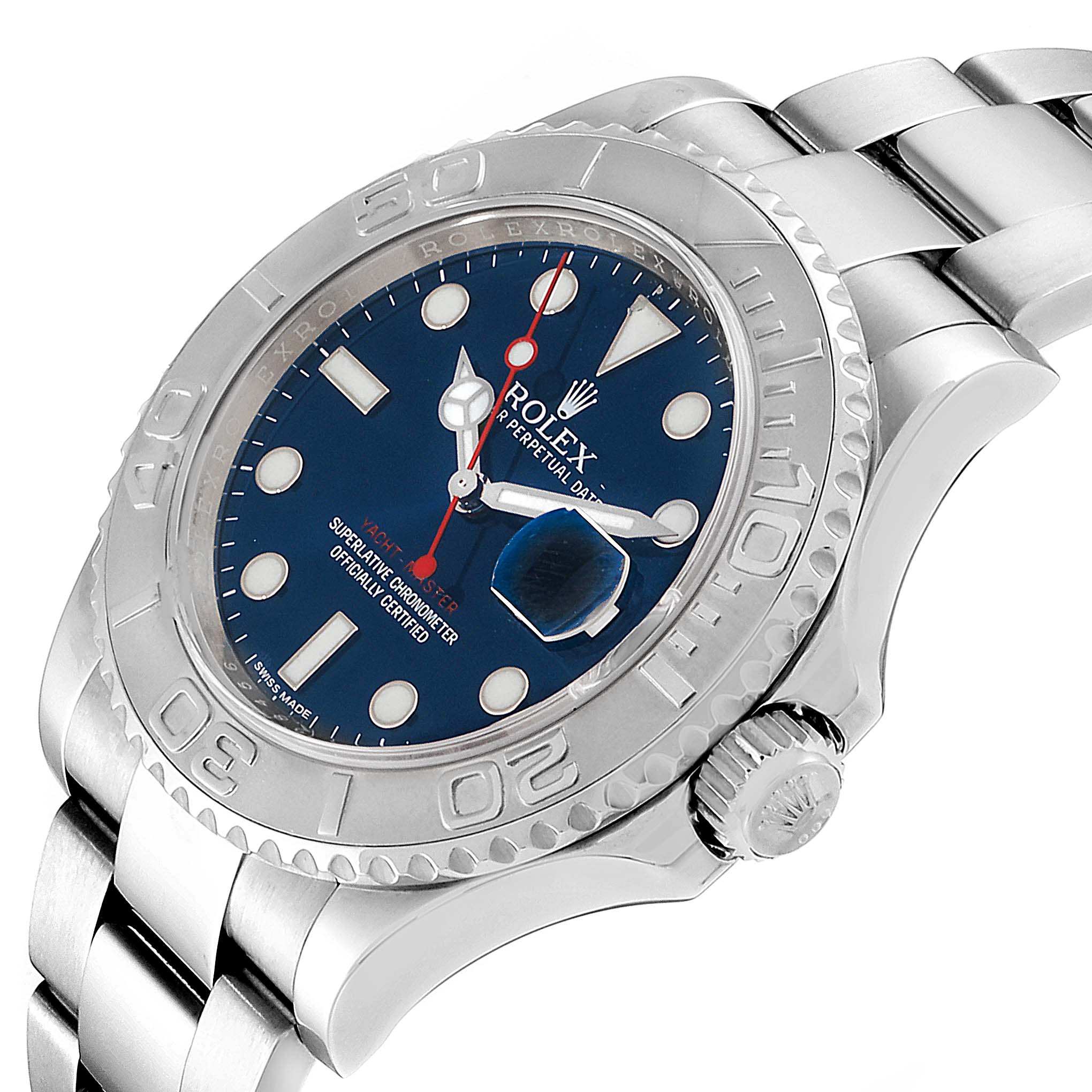 This image shows a Rolex Yacht-Master 116622 Men
s Stainless Steel Blue Dial 116622 Men
s Stainless Steel Blue Dial watch at a slight side angle, highlighting the dial, bezel, bracelet, and crown.