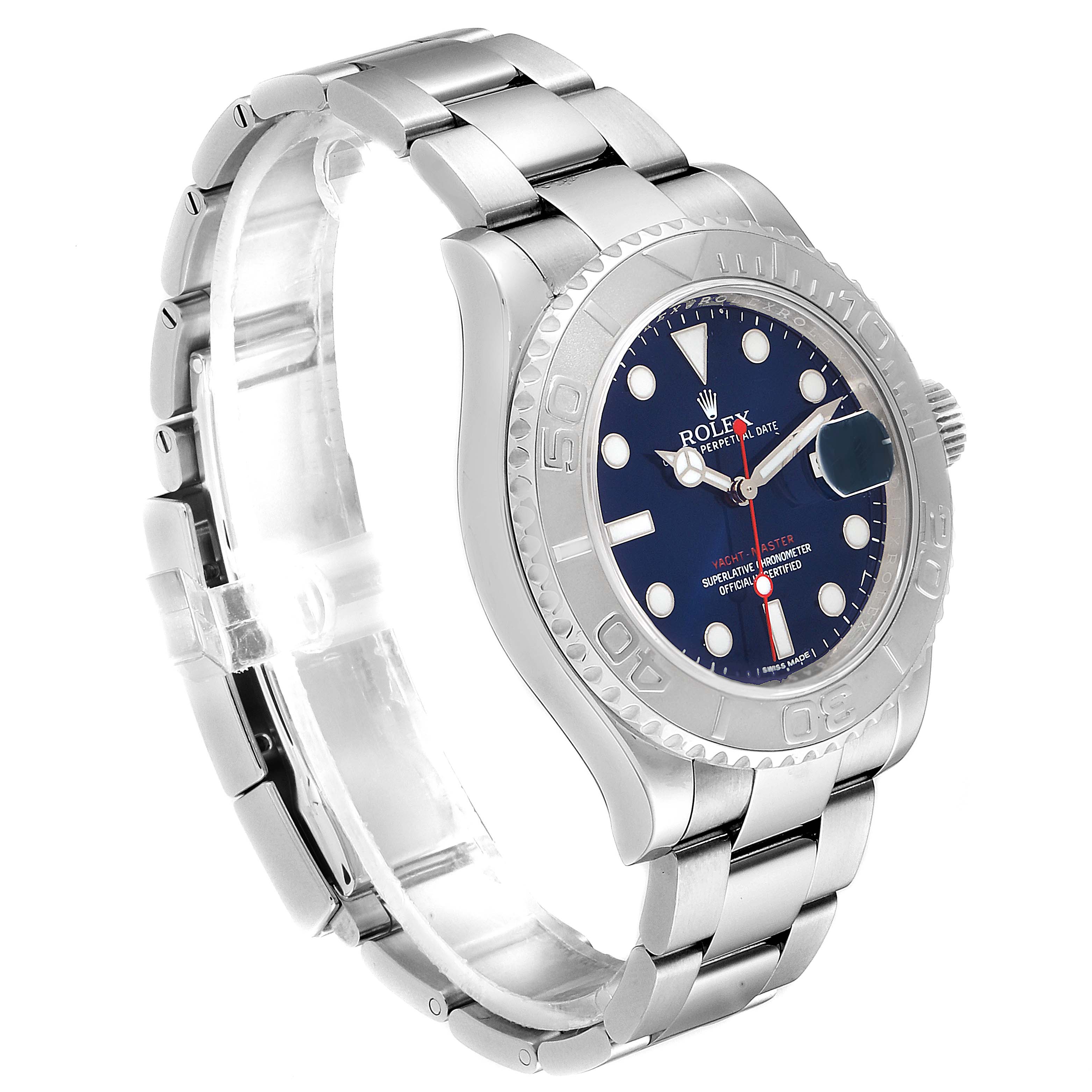 The image shows a Rolex Yacht-Master 116622 Men
s Stainless Steel Blue Dial 116622 Men
s Stainless Steel Blue Dial watch angled from the top left, displaying its face, bezel, and bracelet.