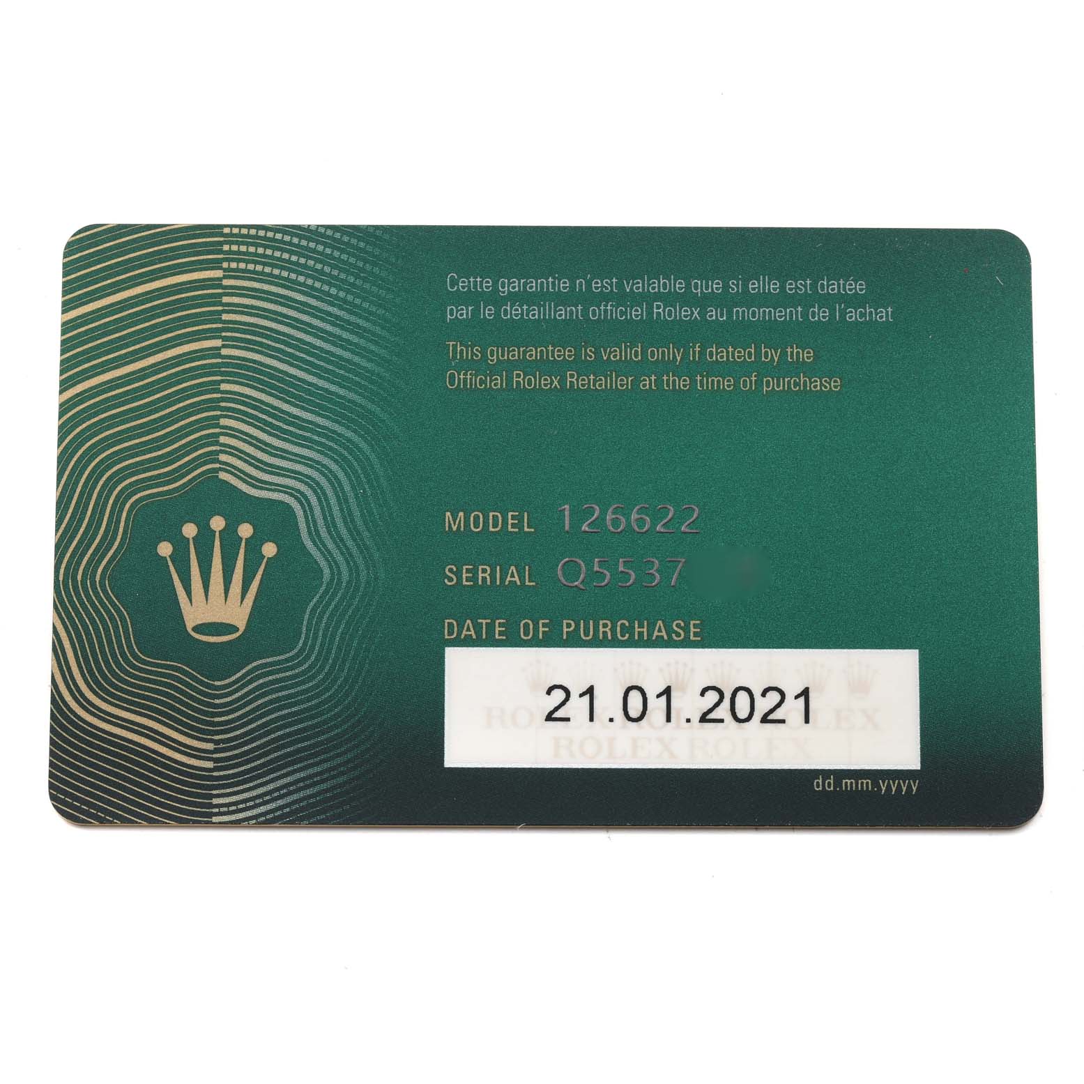 This image shows the guarantee card for a Rolex Yacht-Master 126622 Men
s Stainless Steel Grey Dial 126622 Men
s Stainless Steel Grey Dial model 126622, dated 21.01.2021.