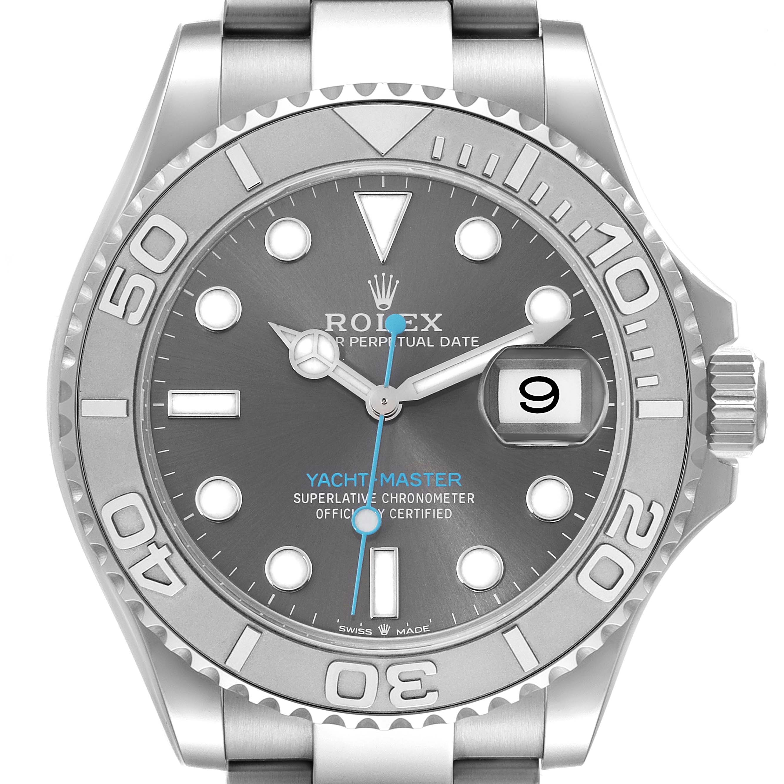 This image shows a frontal view of the Rolex Yacht-Master 126622 Men
s Stainless Steel Grey Dial 126622 Men
s Stainless Steel Grey Dial watch, highlighting its grey dial, markers, hands, bezel, and date display.